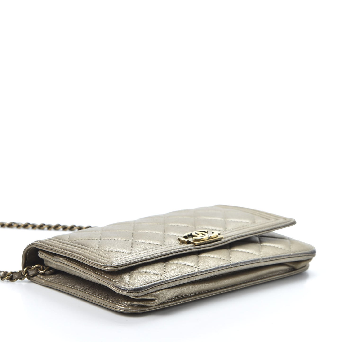 Metallic Lambskin Quilted Boy Wallet On Chain WOC Gold