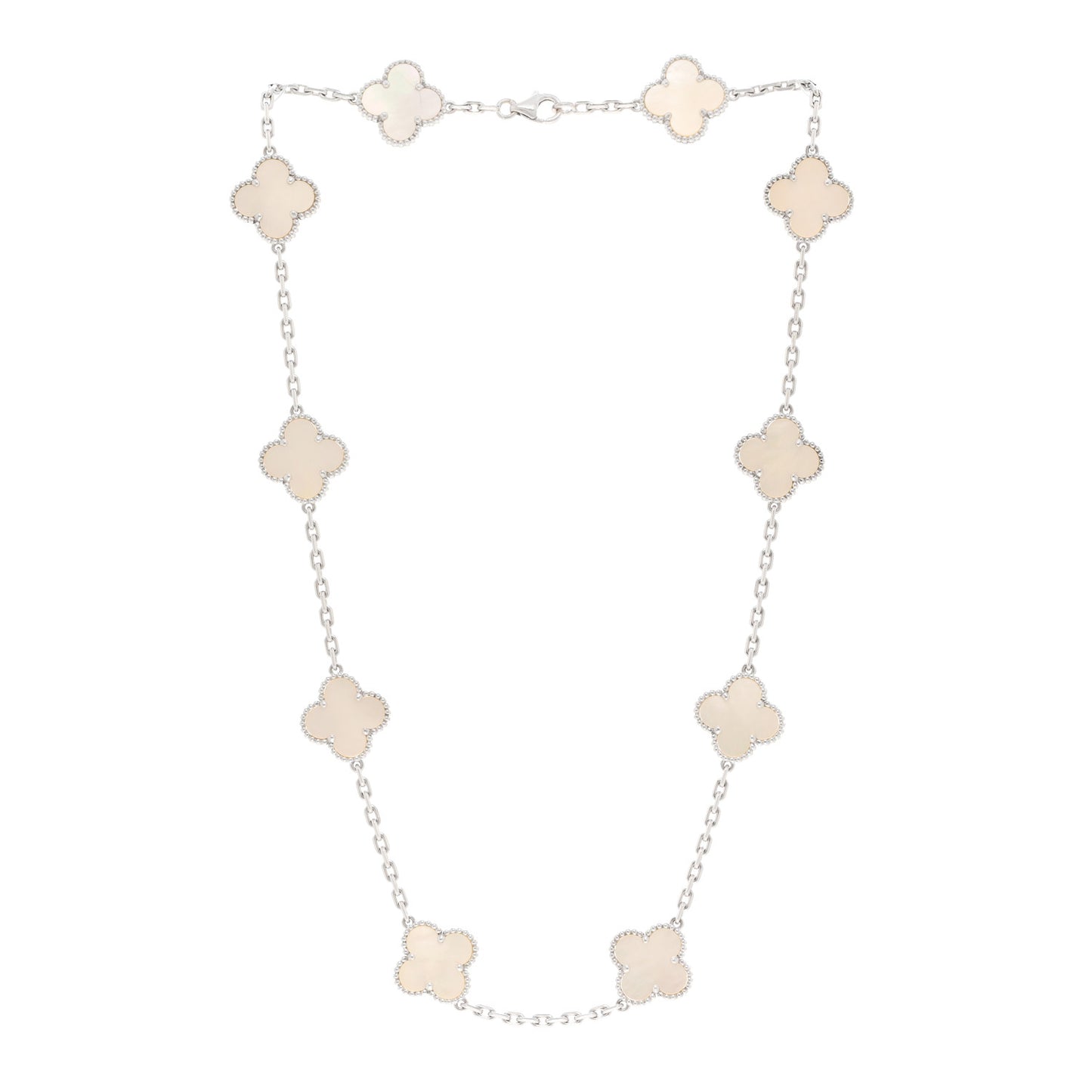 18K White Gold Mother of Pearl 10 Motifs Vintage Alhambra Necklace