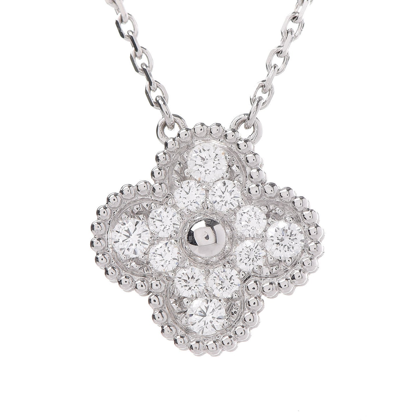 18K White Gold Diamond Vintage Alhambra Pendant Necklace