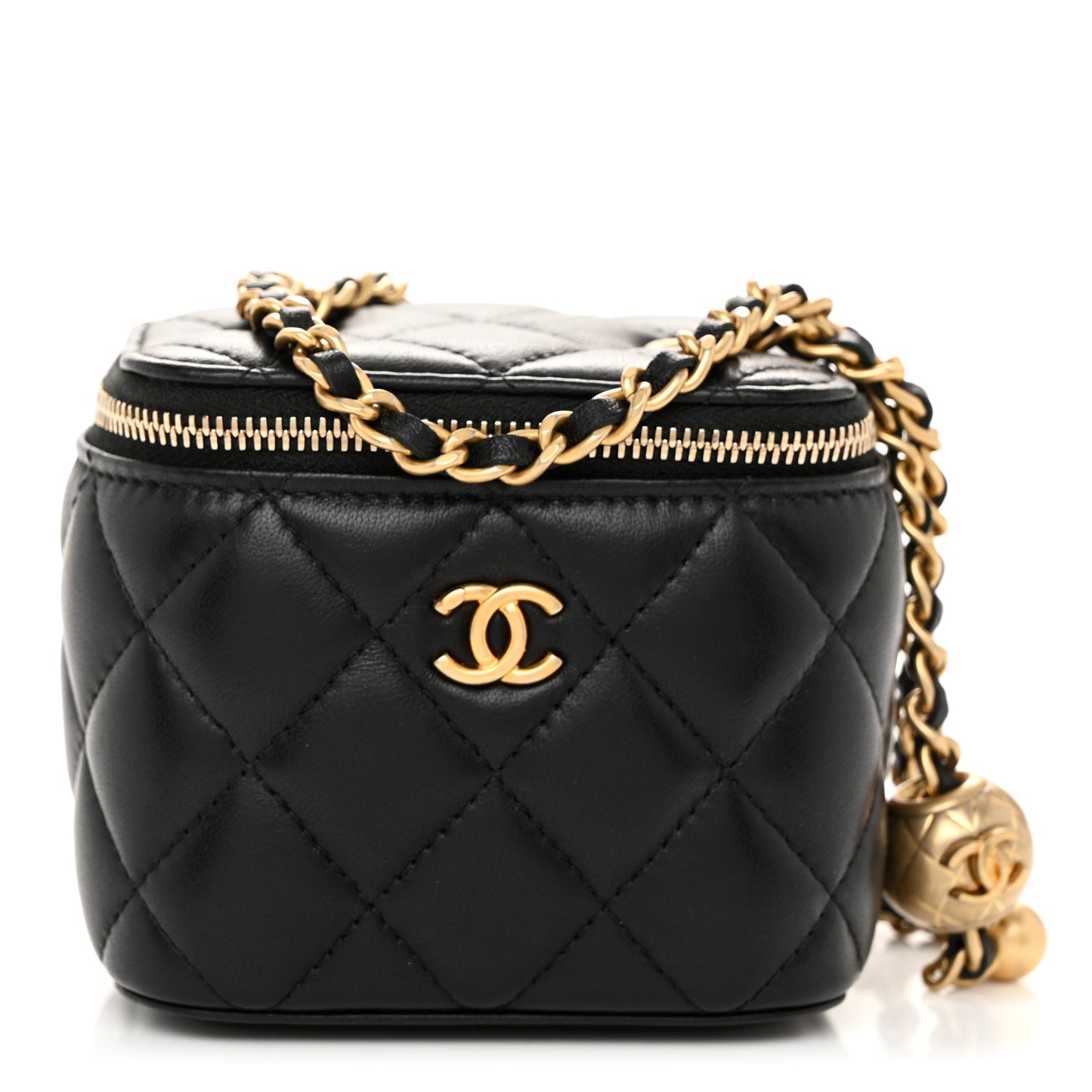 Lambskin Quilted Mini Pearl Crush Vanity Case With Chain Black