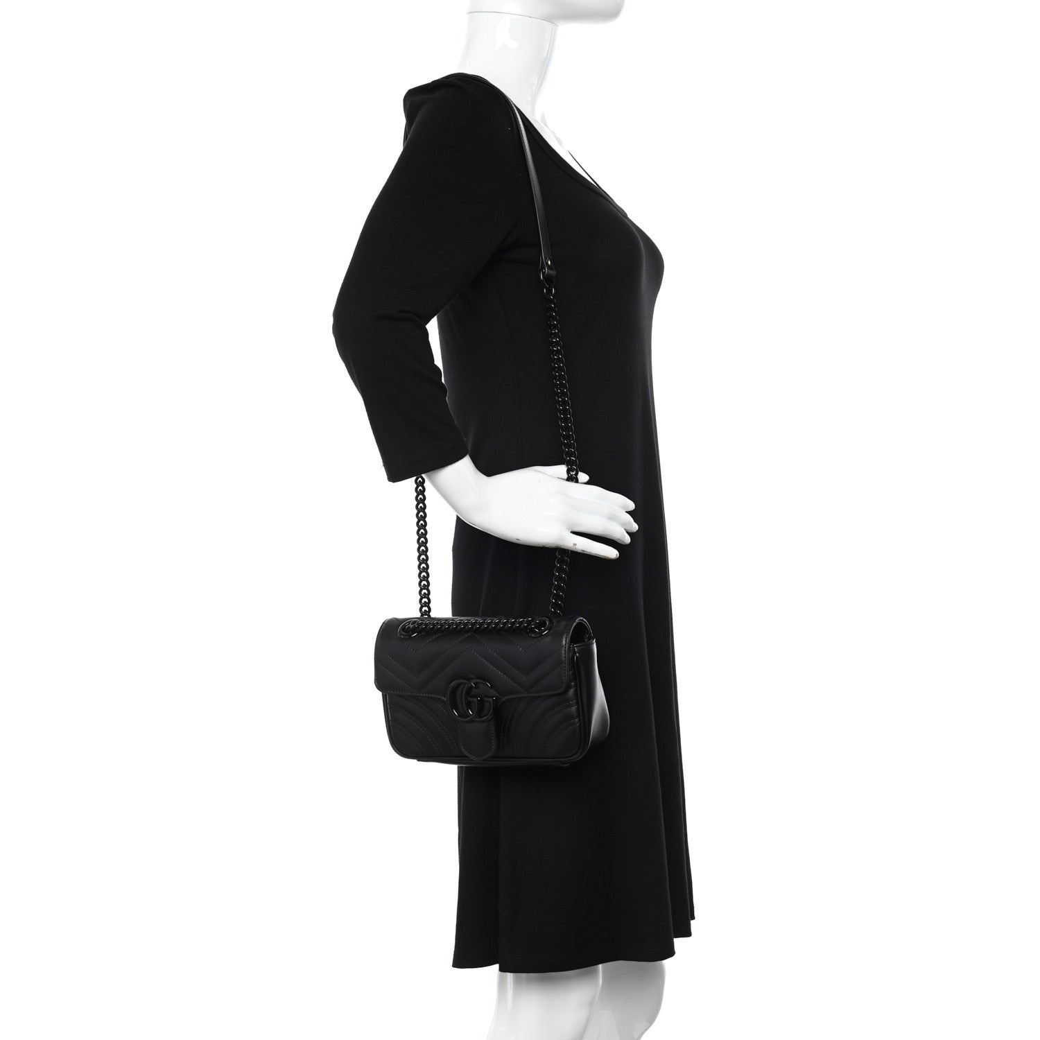 Gucci Calfskin Matelasse Monochrome Mini GG Marmont Shoulder Bag Black 2 of 9