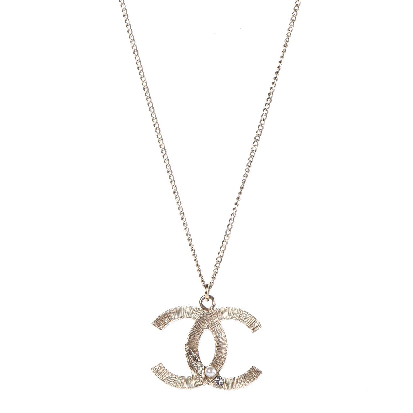 Pearl Crystal Feather CC Pendant Necklace Gold