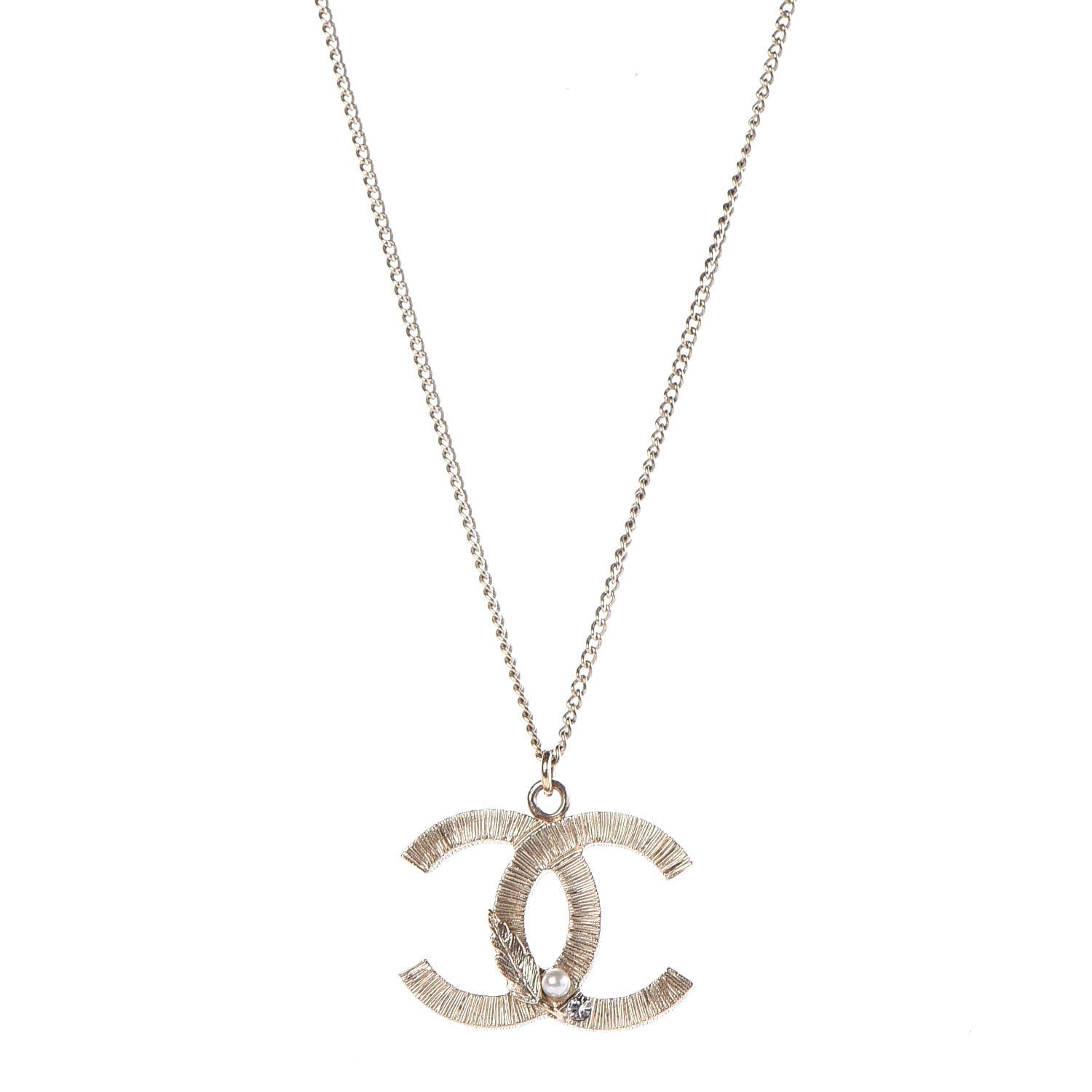 Chanel Pearl Crystal Feather CC Pendant Necklace Gold 1 of 6