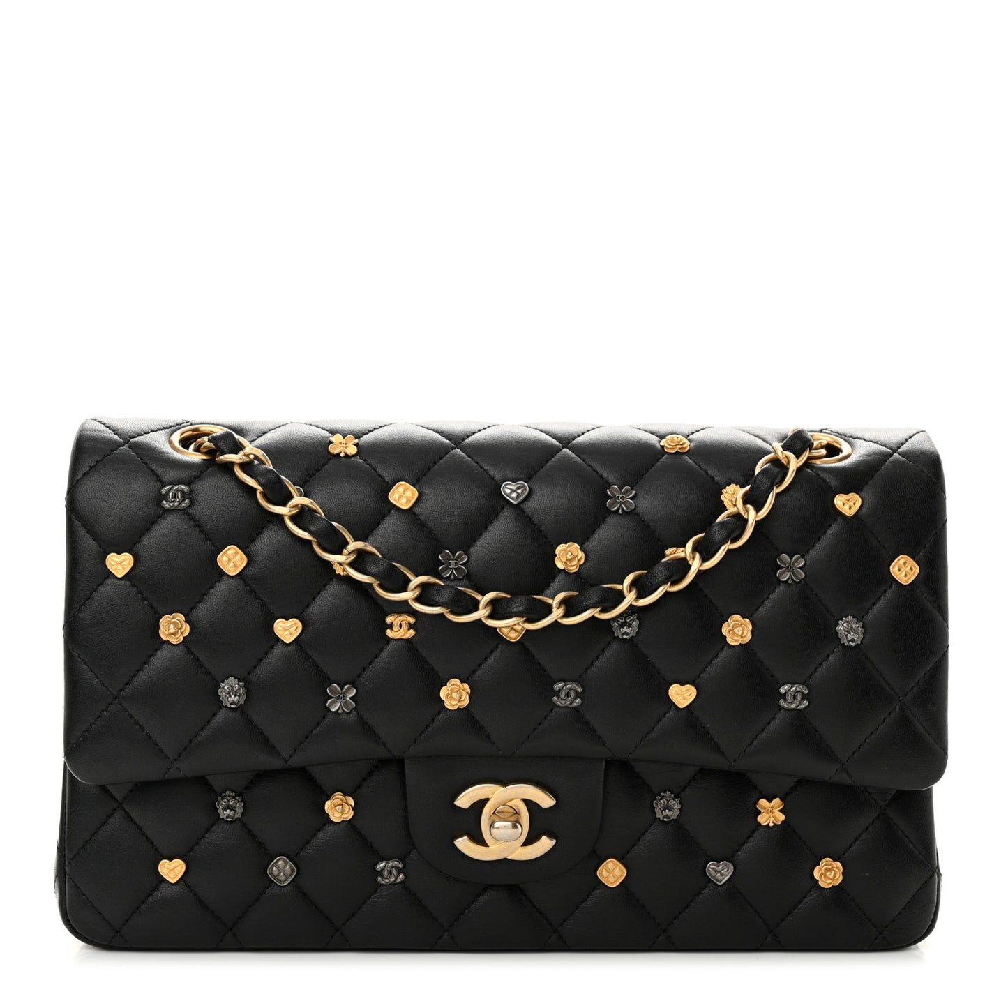 Lambskin Quilted Studded Medium Double Flap Black