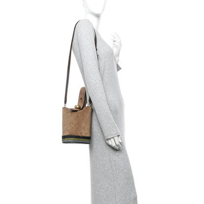 Loewe Suede Raffia Striped Mini Pebble Bucket Bag Brown 2 of 9