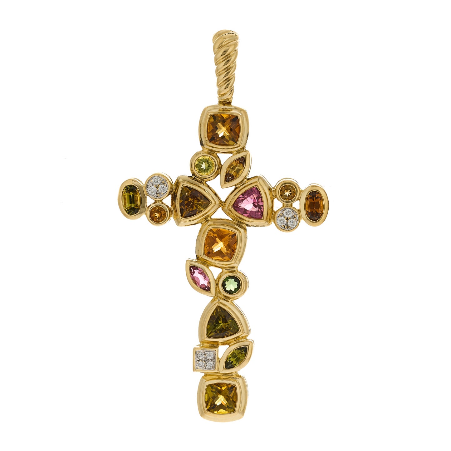 18K Yellow Gold Diamond Tourmaline Mosaic Cross Pendant