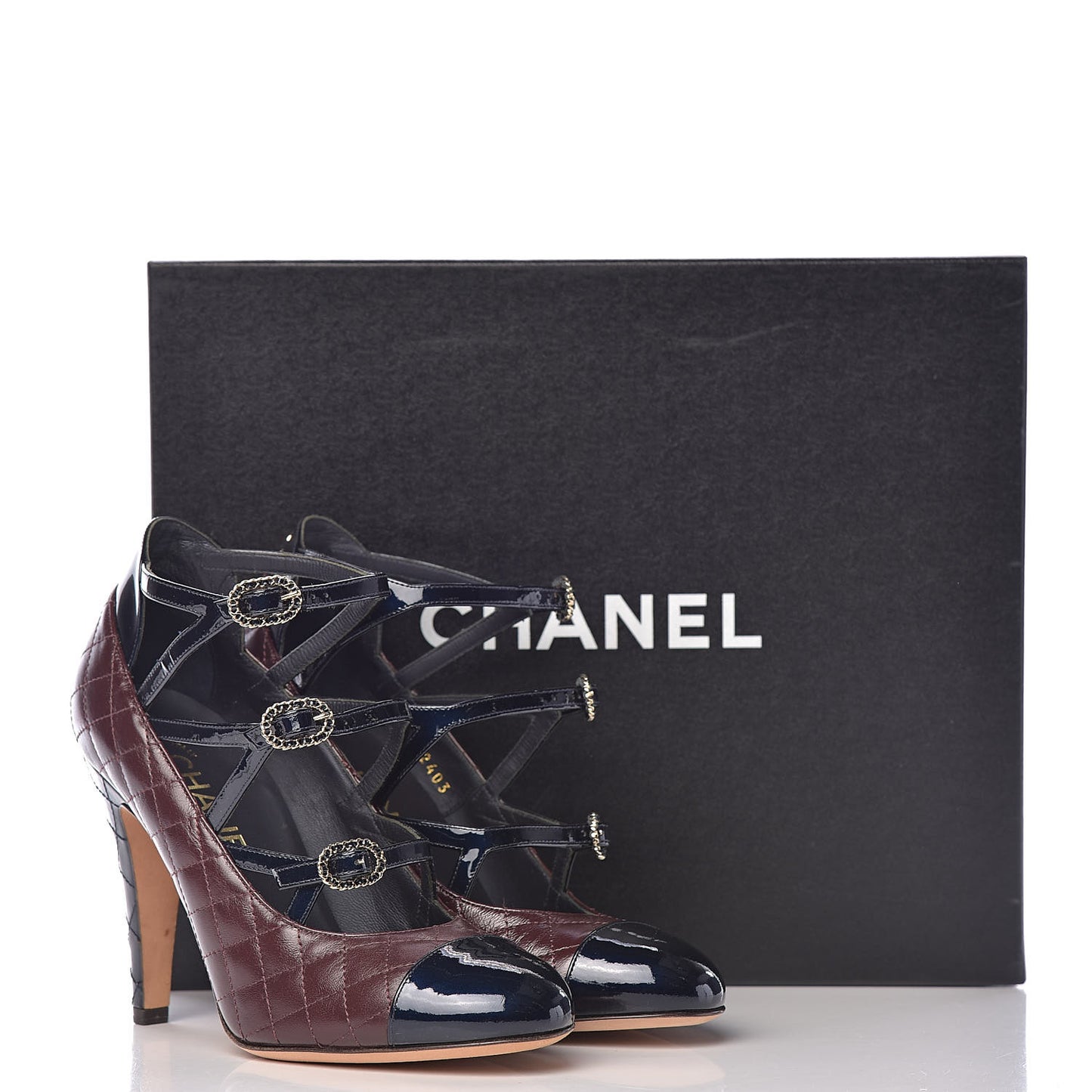 Patent Calfskin Quilted CC Cap Toe Pumps 37 Burgundy Navy