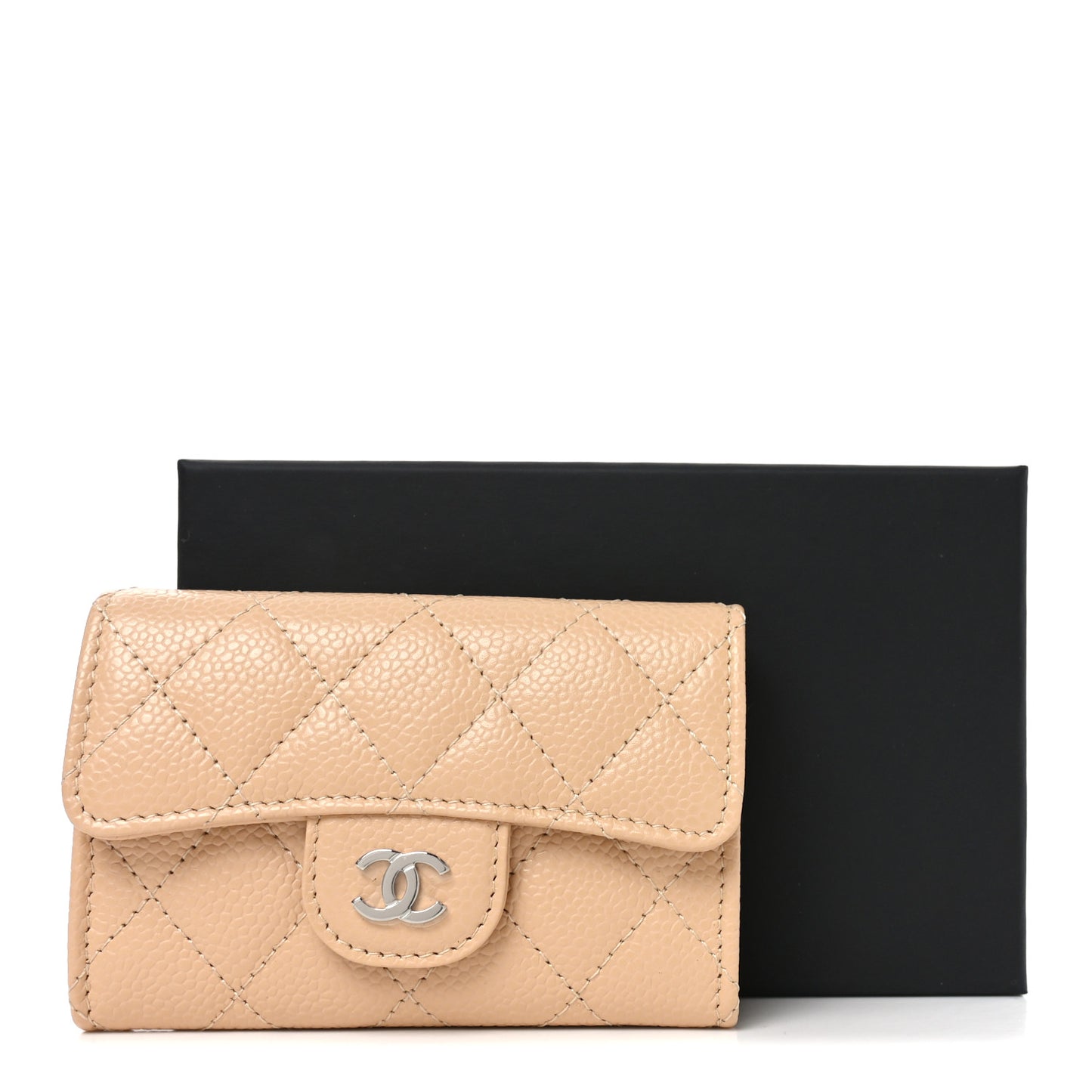 Caviar Quilted Flap Card Holder Wallet Beige