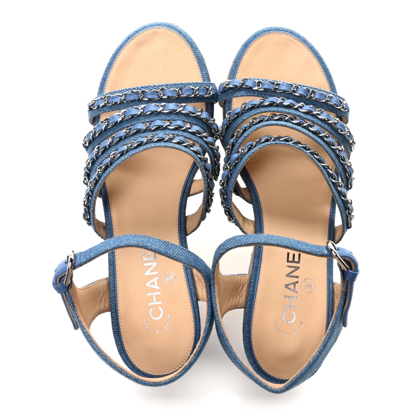 Denim Cork Chain Wedge Sandals 39 Blue