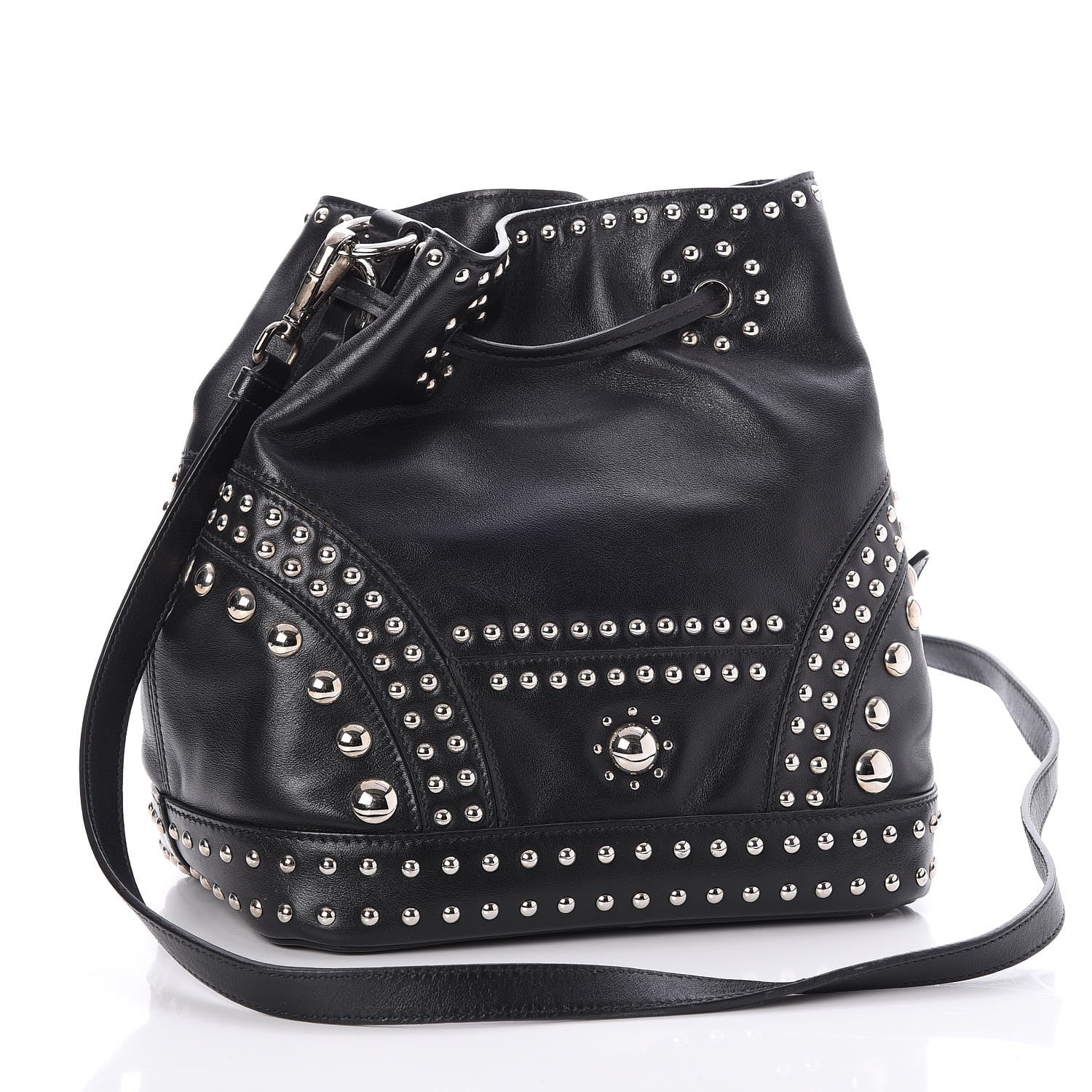 Prada Soft Calf Studded Drawstring Bag Nero Black 3 of 8