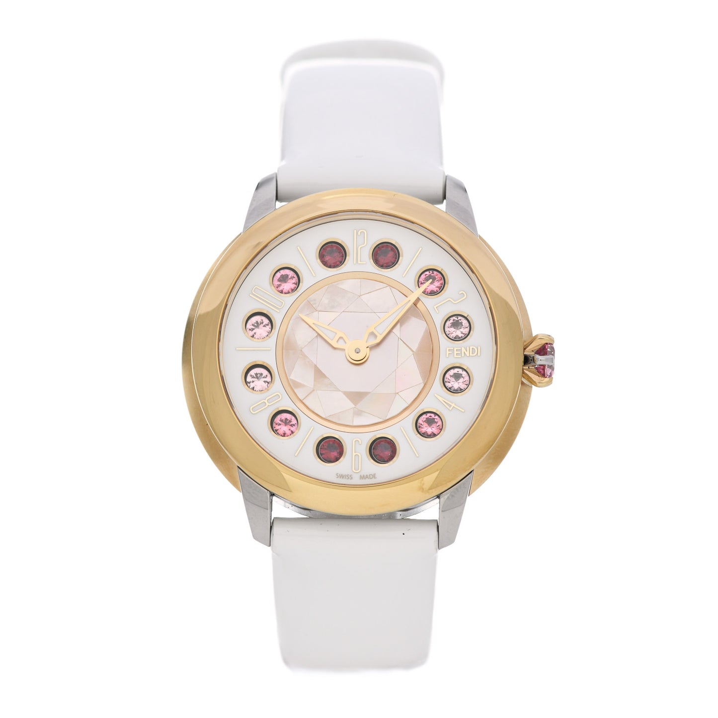 Stainless Steel Calfskin Mother of Pearl Topaz Spinel 38mm Ishine Rotating Gem Quartz Watch