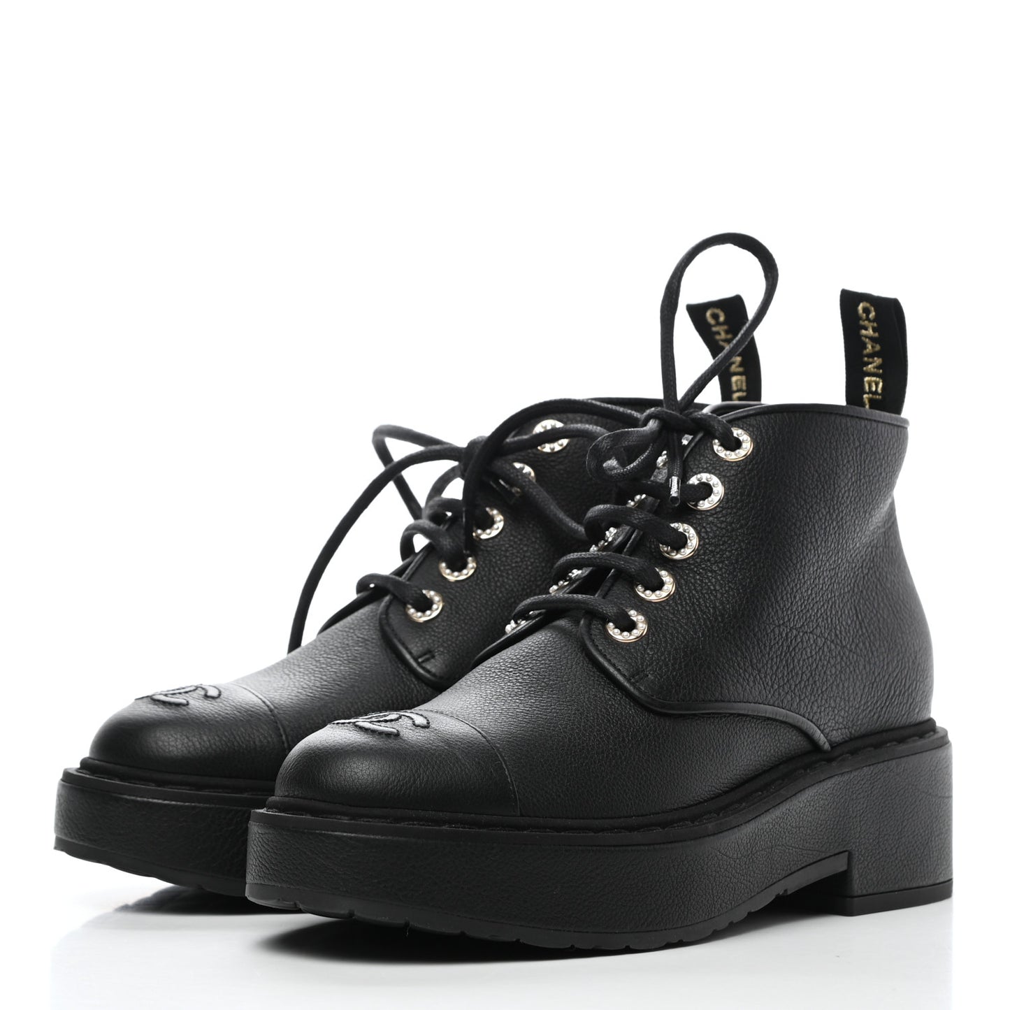 Goatskin Pearl Lace Up CC Short Boots 38 Black