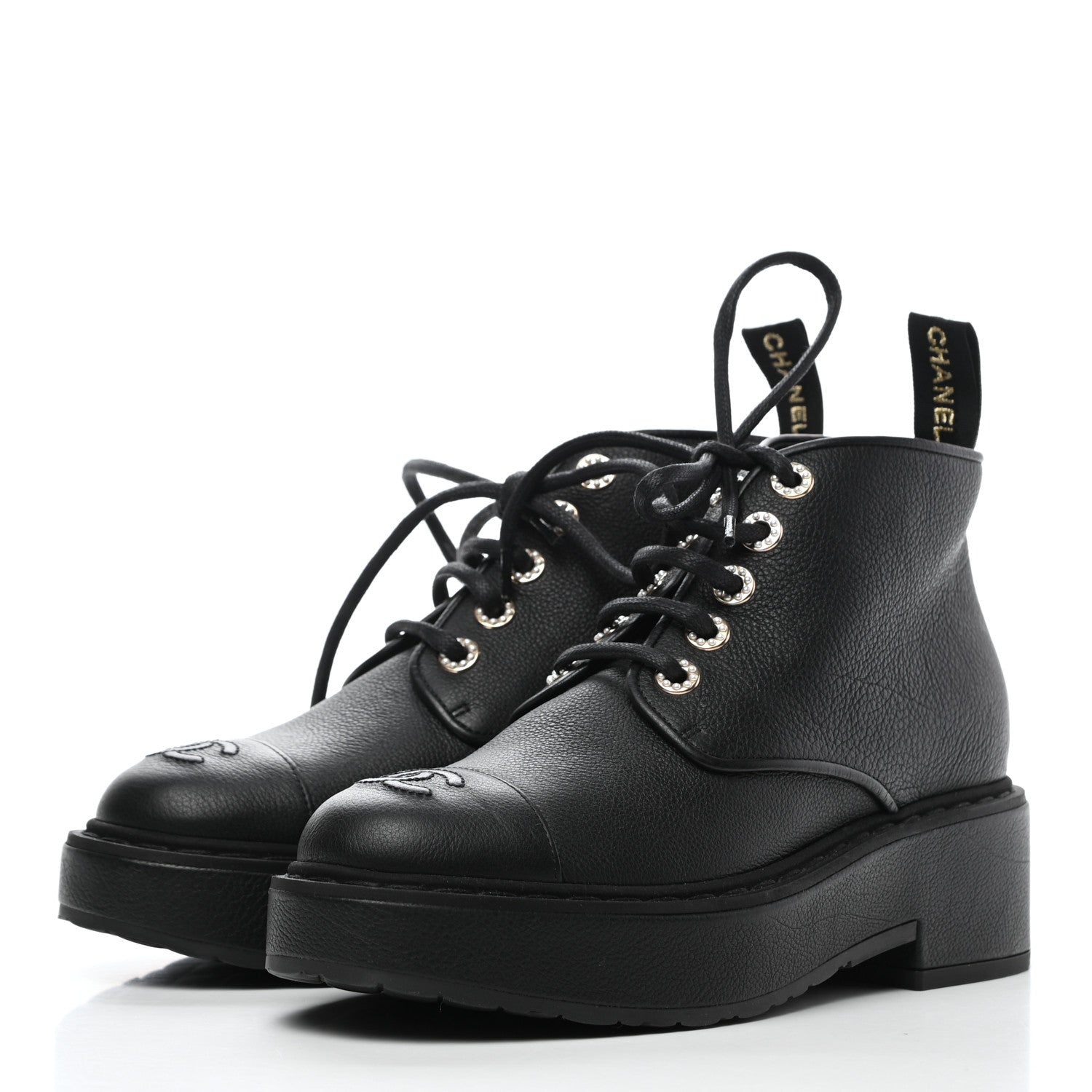 Chanel Goatskin Pearl Lace Up CC Short Boots 38 Black 3 of 8