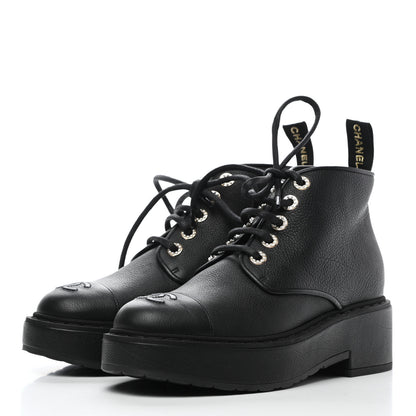 Chanel Goatskin Pearl Lace Up CC Short Boots 38 Black 3 of 8