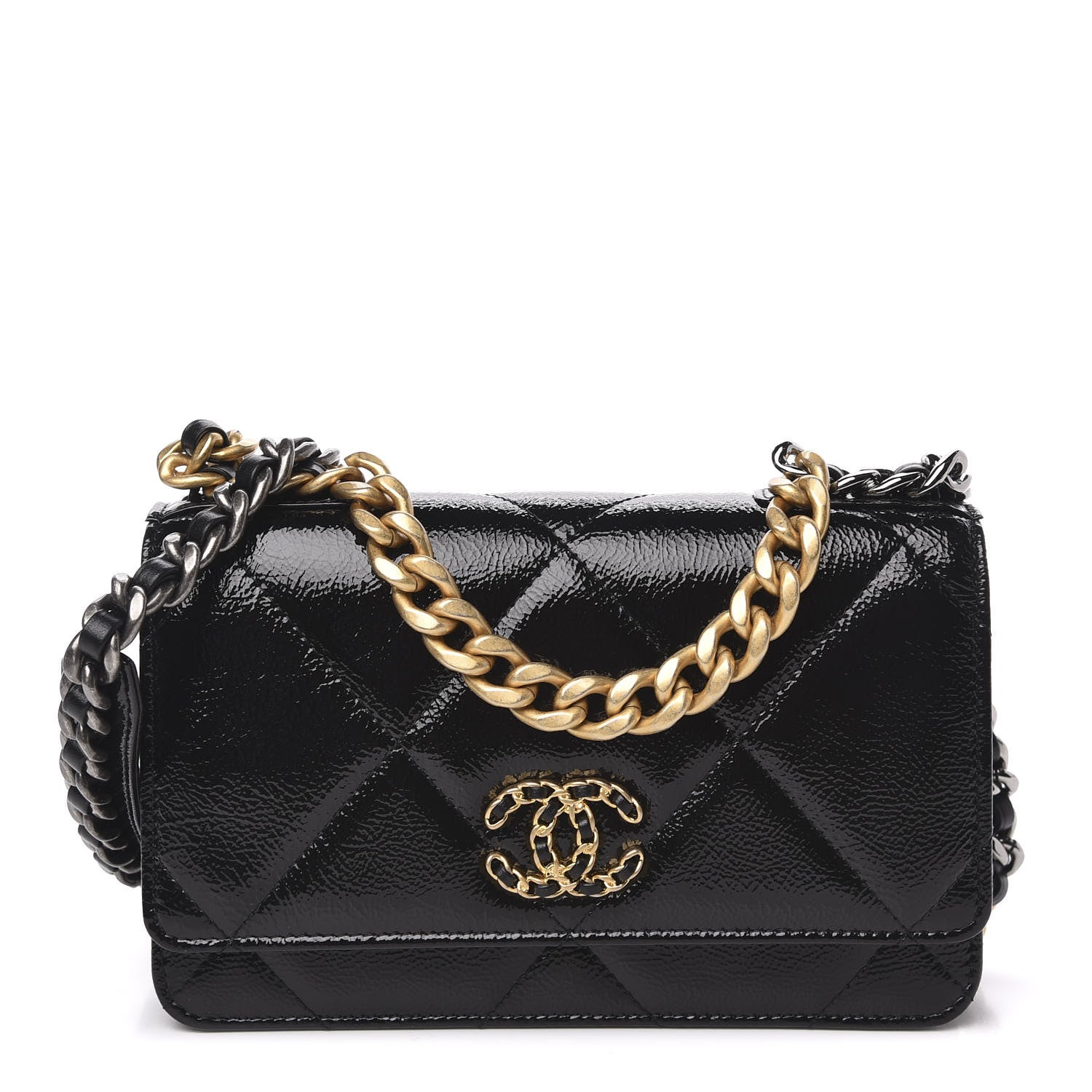 Chanel Shiny Crumpled Calfskin Quilted 19 Wallet On Chain WOC Black 1 of 12