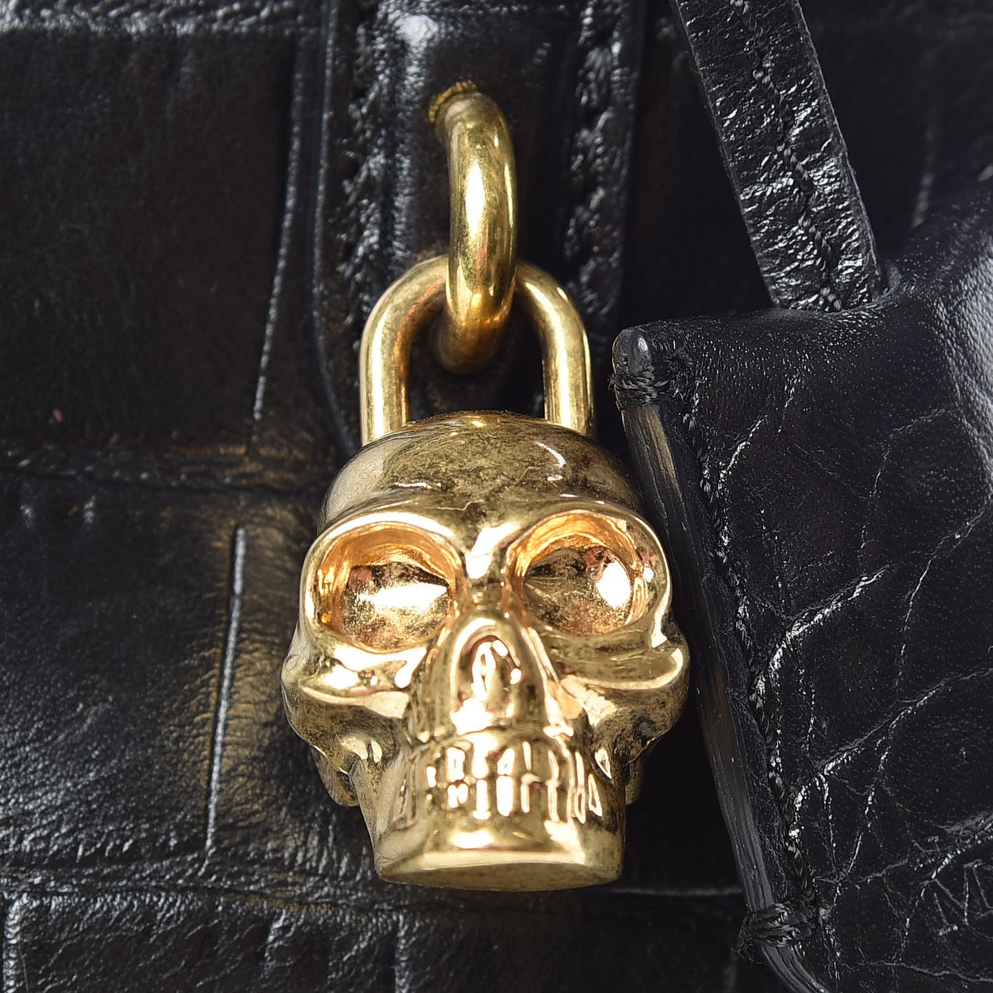 Calfskin Crocodile Embossed Mini Skull Padlock Zip Around Tote Black