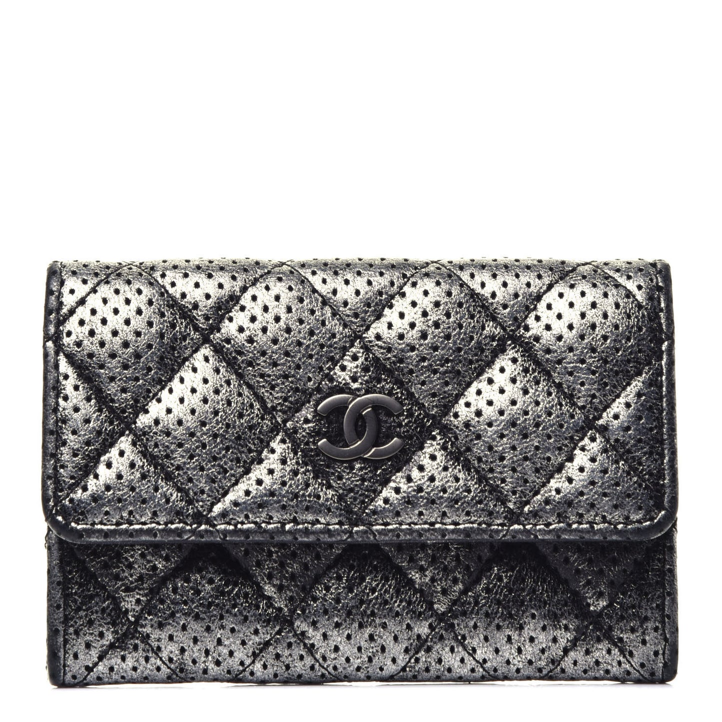 Metallic Calfskin Perforated Quilted Card Holder Grey