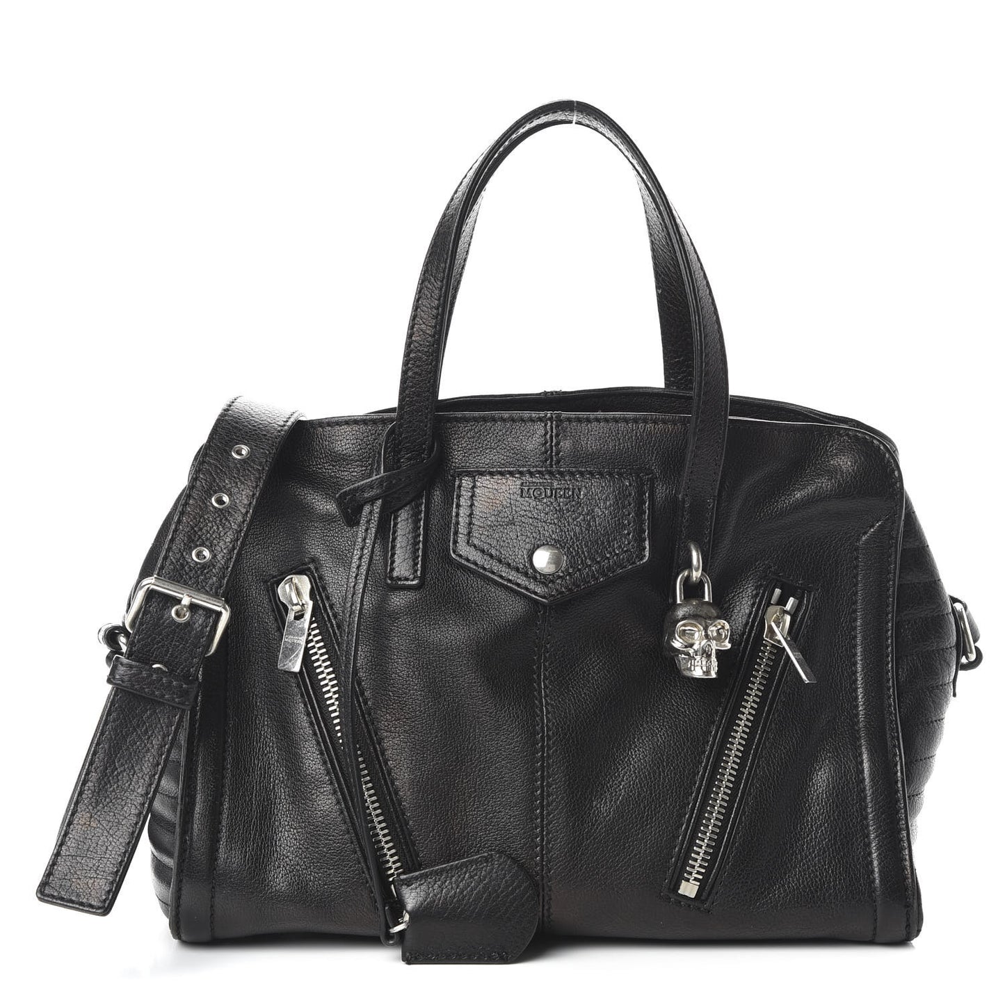 Calfskin Padlock Zip Around Biker Satchel Black