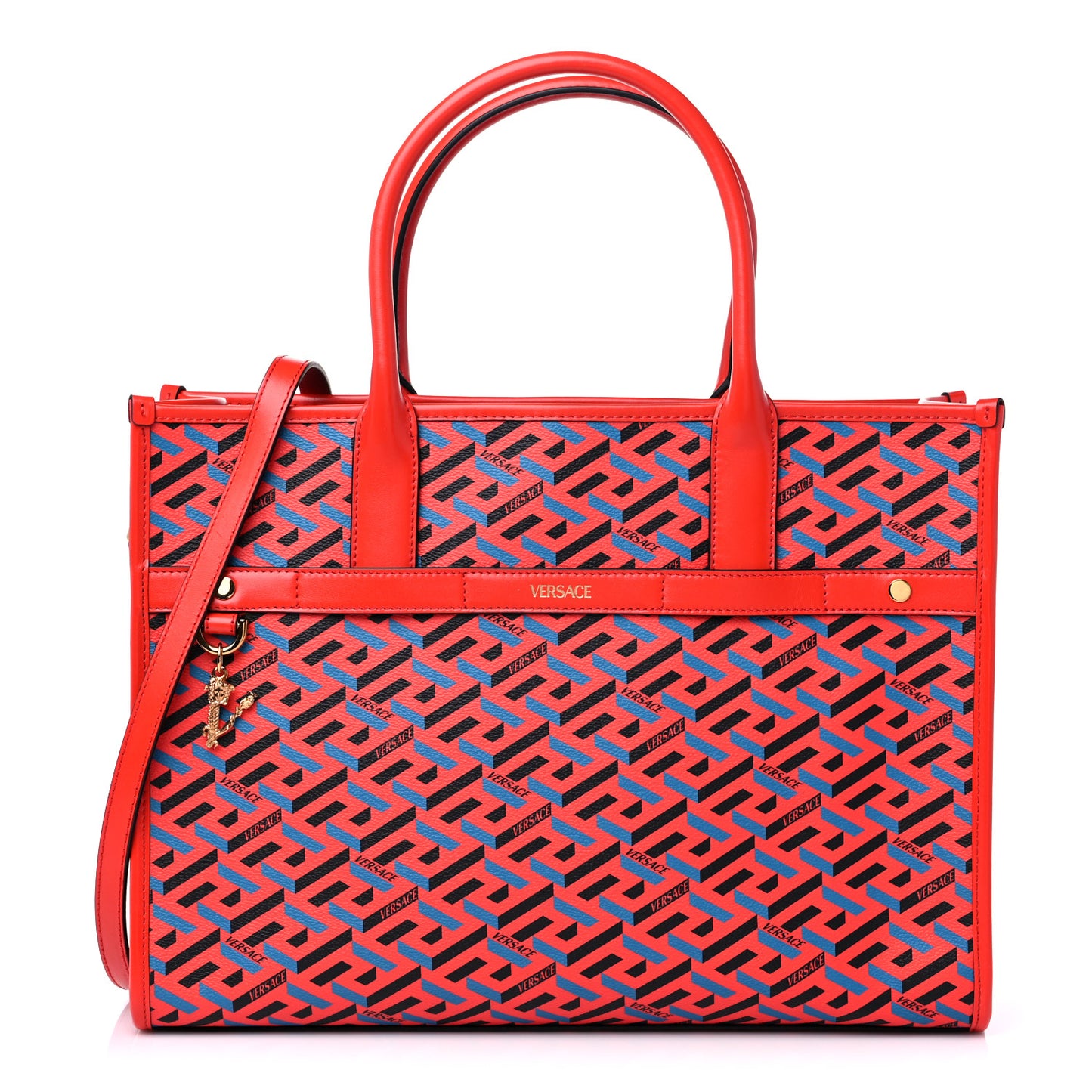 Coated Canvas Calfskin La Greca Signature Tote Bag Blue Red