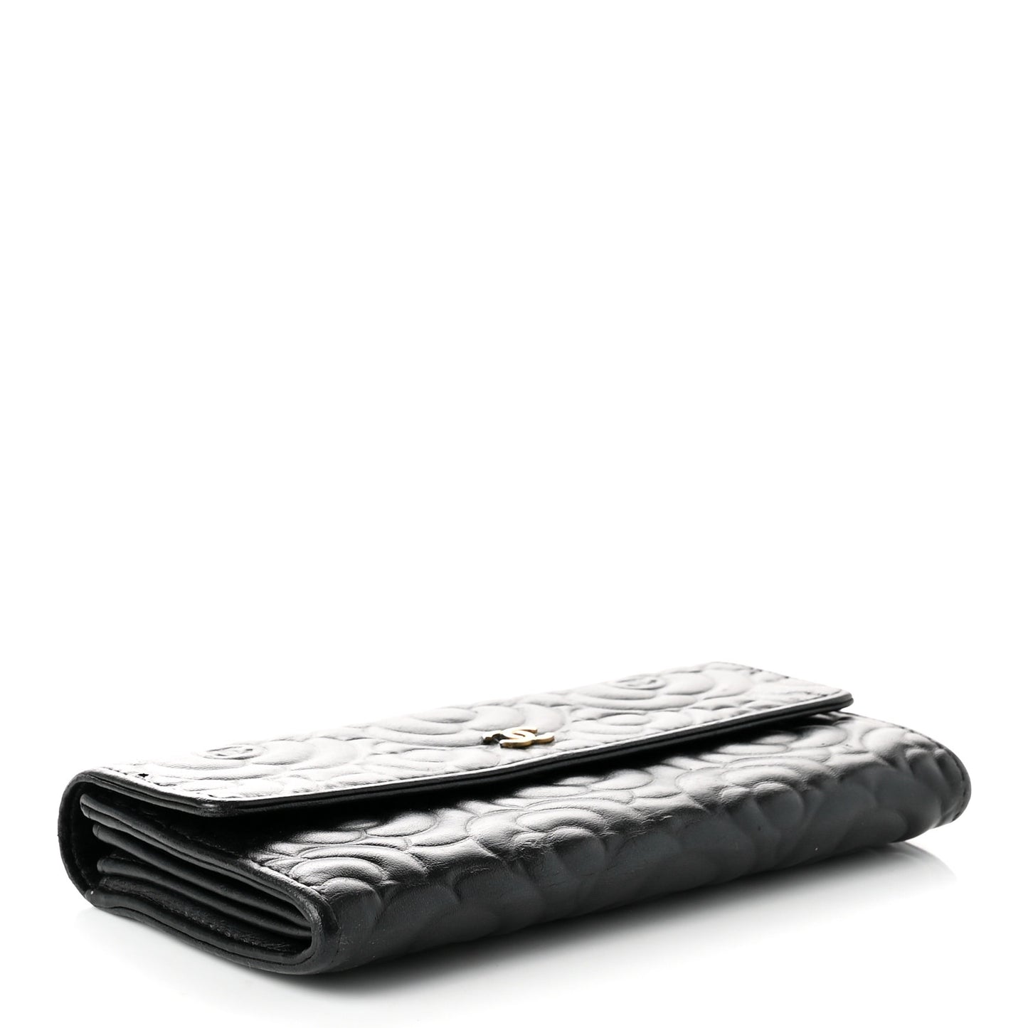 Lambskin Camellia Embossed Large Gusset Flap Wallet Black
