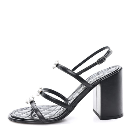 Chanel Laminated Lambskin Pearl CC Sandals 37.5 Black 1 of 9