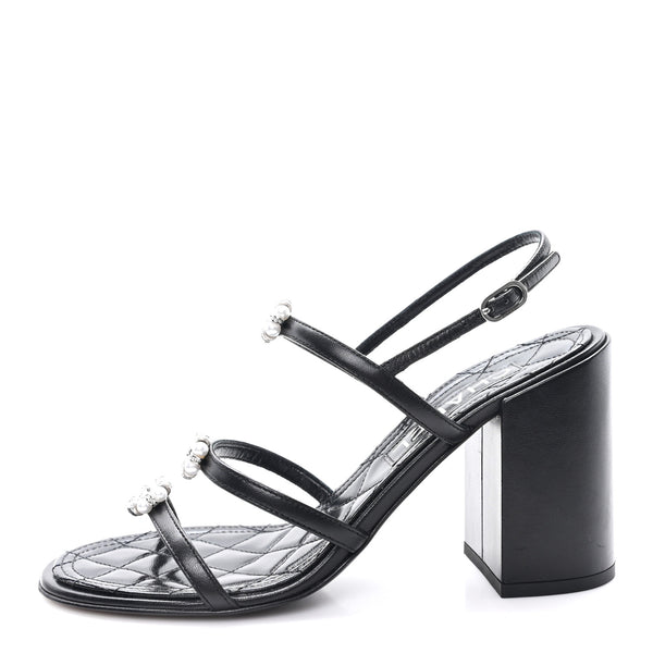 Chanel Laminated Lambskin Pearl CC Sandals 37.5 Black 1802544