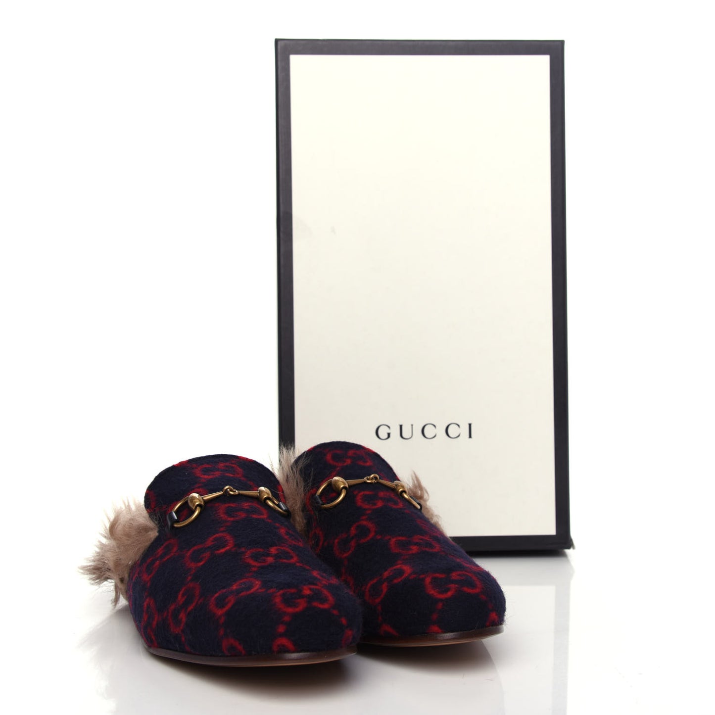 Covered Wool Big GG Monogram Fur Mens Princetown Slippers 9 Blue Red Butterscotch