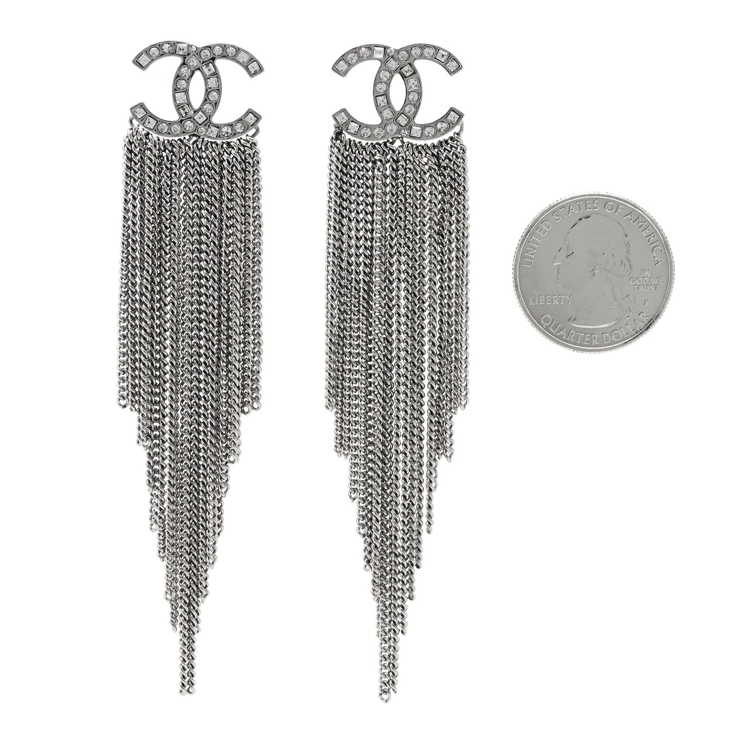 Baguette Crystal CC Chain Drop Earrings Silver