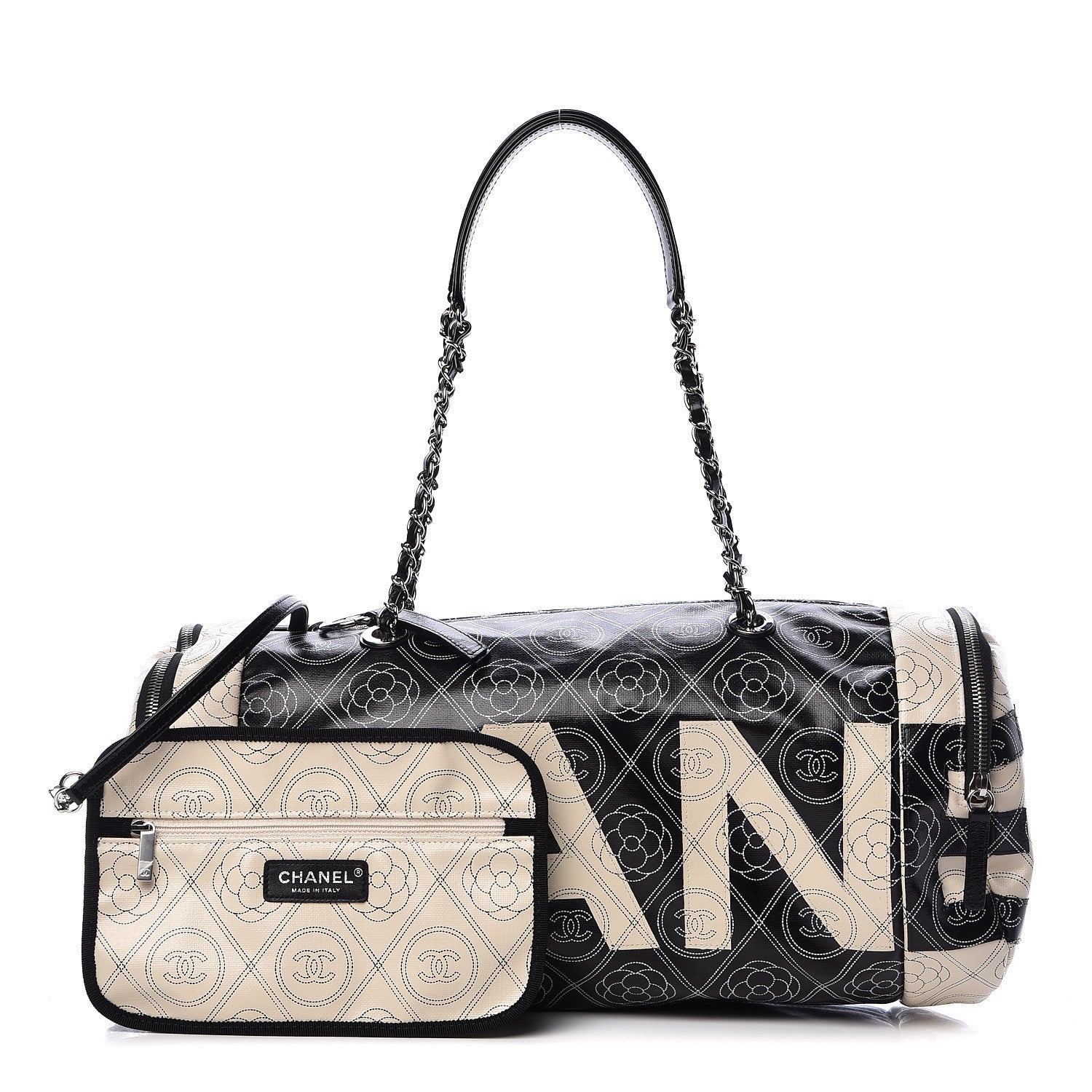 Chanel Coated Canvas Camellia Printed Calfskin Bowling Bag Black Beige 1 of 12