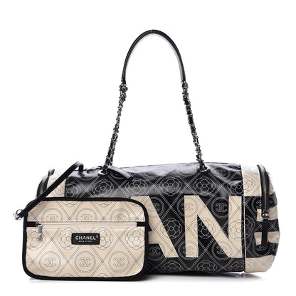 Chanel Coated Canvas Camellia Printed Calfskin Bowling Bag Black Beige 1 of 12