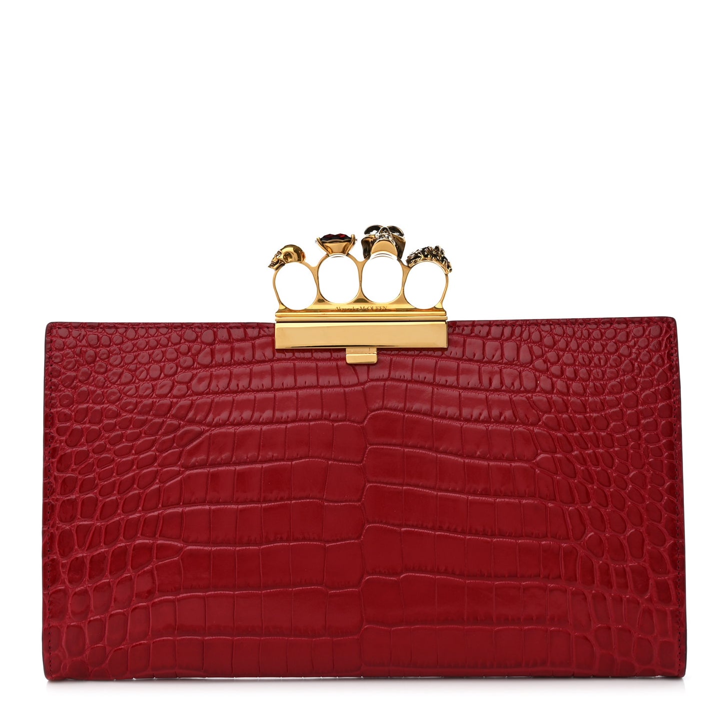 Calfskin Crocodile Embossed Knuckle Flat Clutch Red