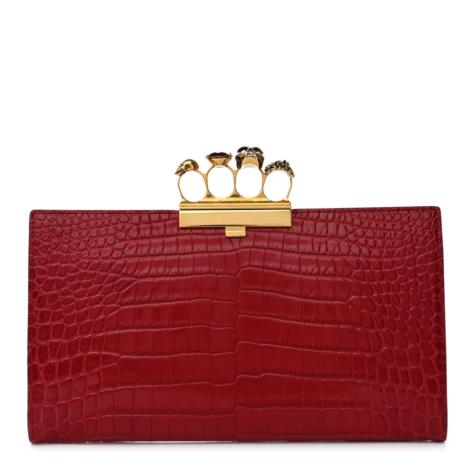 Alexander McQueen Calfskin Crocodile Embossed Knuckle Flat Clutch Red 1 of 9