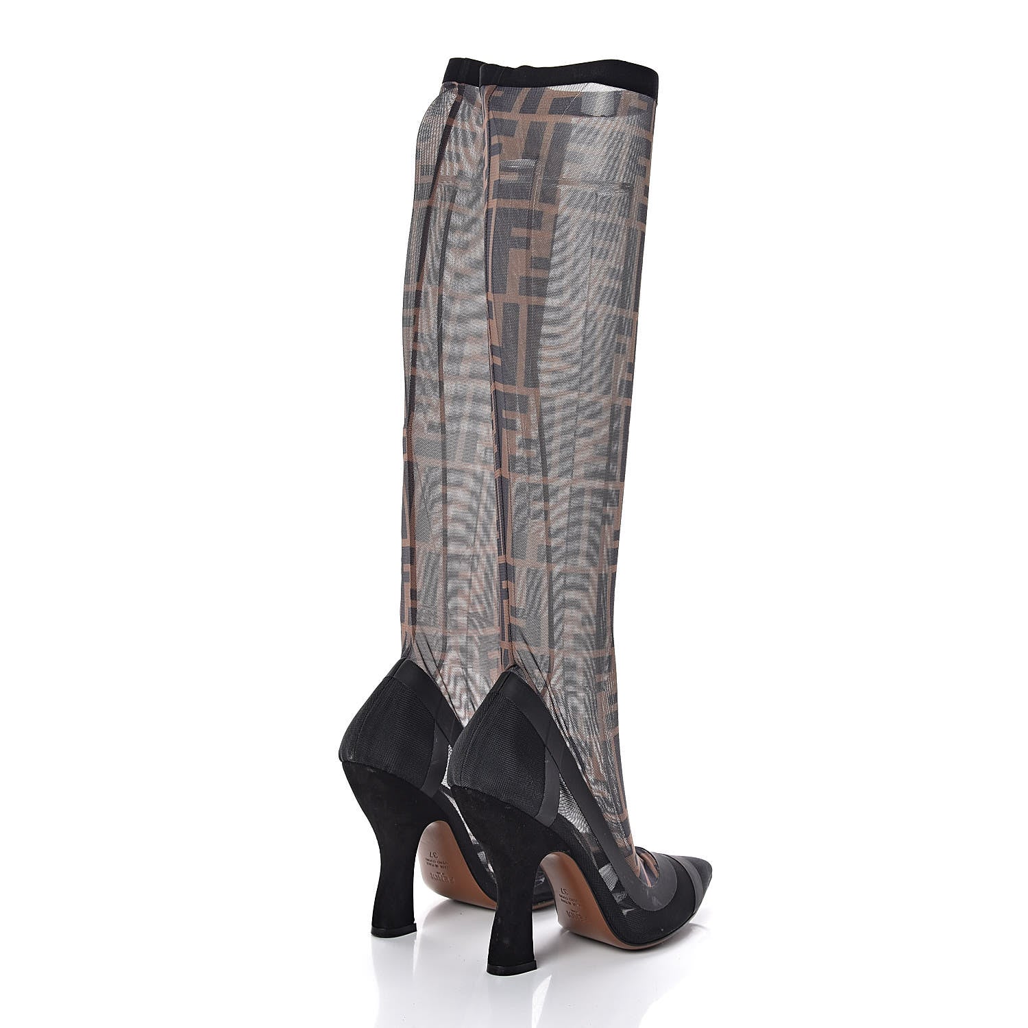 Fendi Technical Mesh FF Colibri High Heel Knee High Boots 37 Black Tobacco 3 of 12