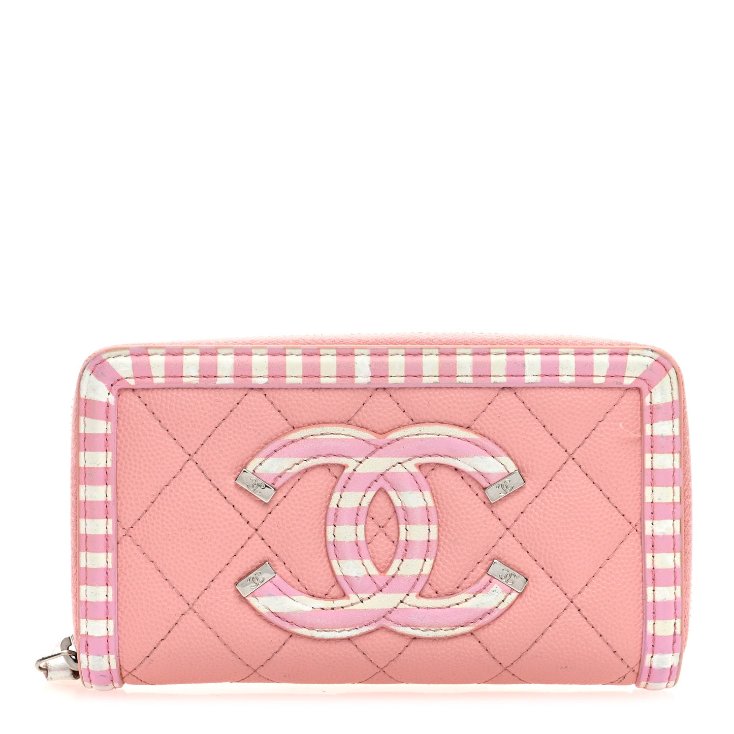 Caviar Quilted Medium Stripe Filigree Zip Around Wallet Pink White