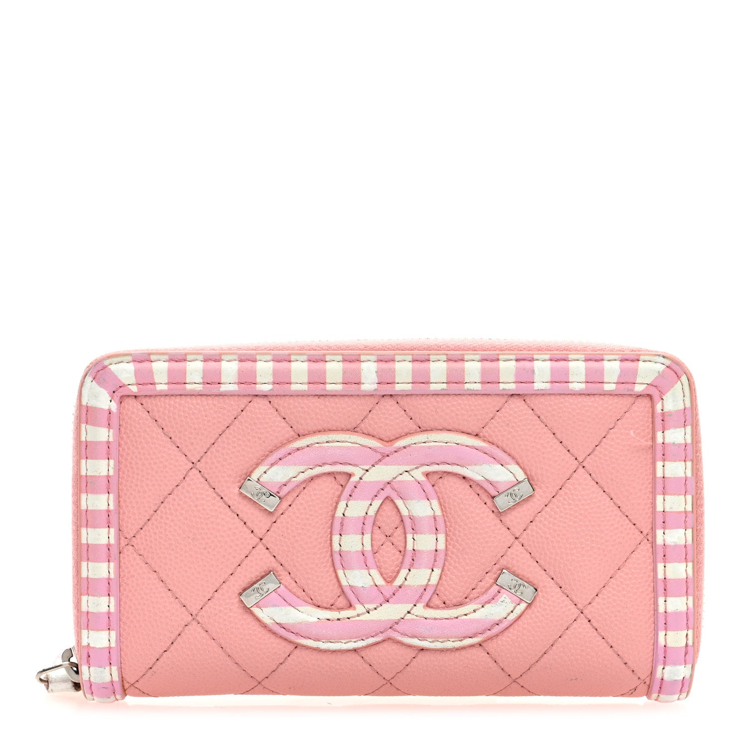 Chanel Caviar Quilted Medium Stripe Filigree Zip Around Wallet Pink White 1 of 8
