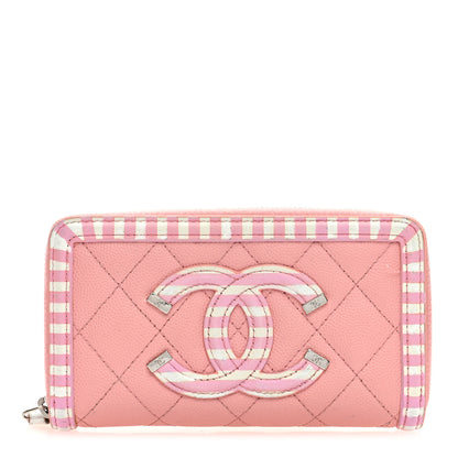 Chanel Caviar Quilted Medium Stripe Filigree Zip Around Wallet Pink White 1 of 8