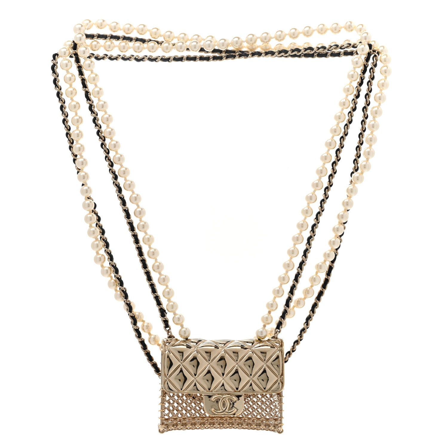 Chanel Metal Lambskin Pearl Chain Flap Bag Multi Strand Long Necklace Gold Black Pearly White 3 of 6