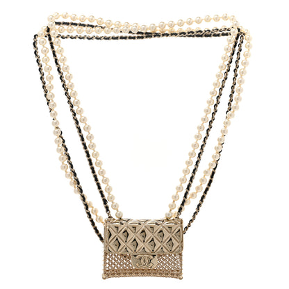 Chanel Metal Lambskin Pearl Chain Flap Bag Multi Strand Long Necklace Gold Black Pearly White 3 of 6