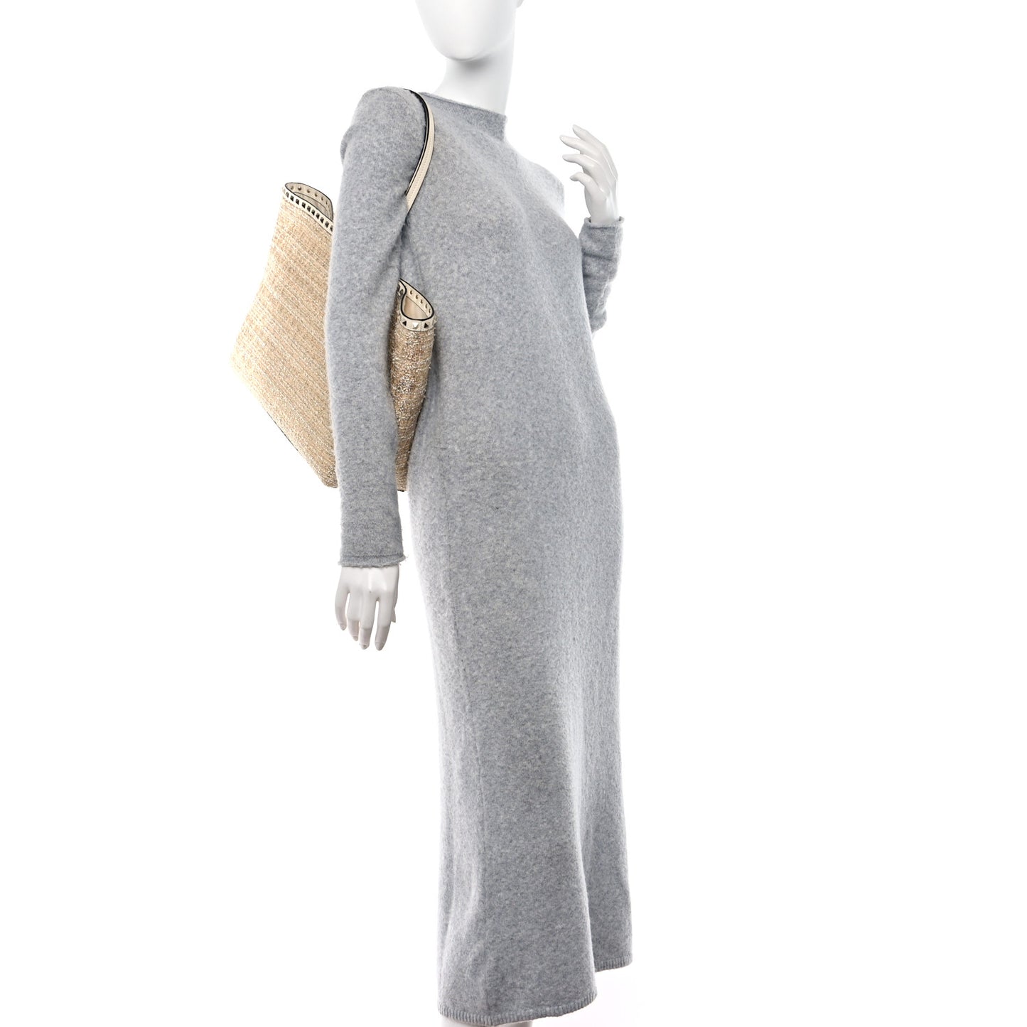 Metallic Boucle Raffia Calfskin Rockstud Shoulder Tote White Gold Ivory