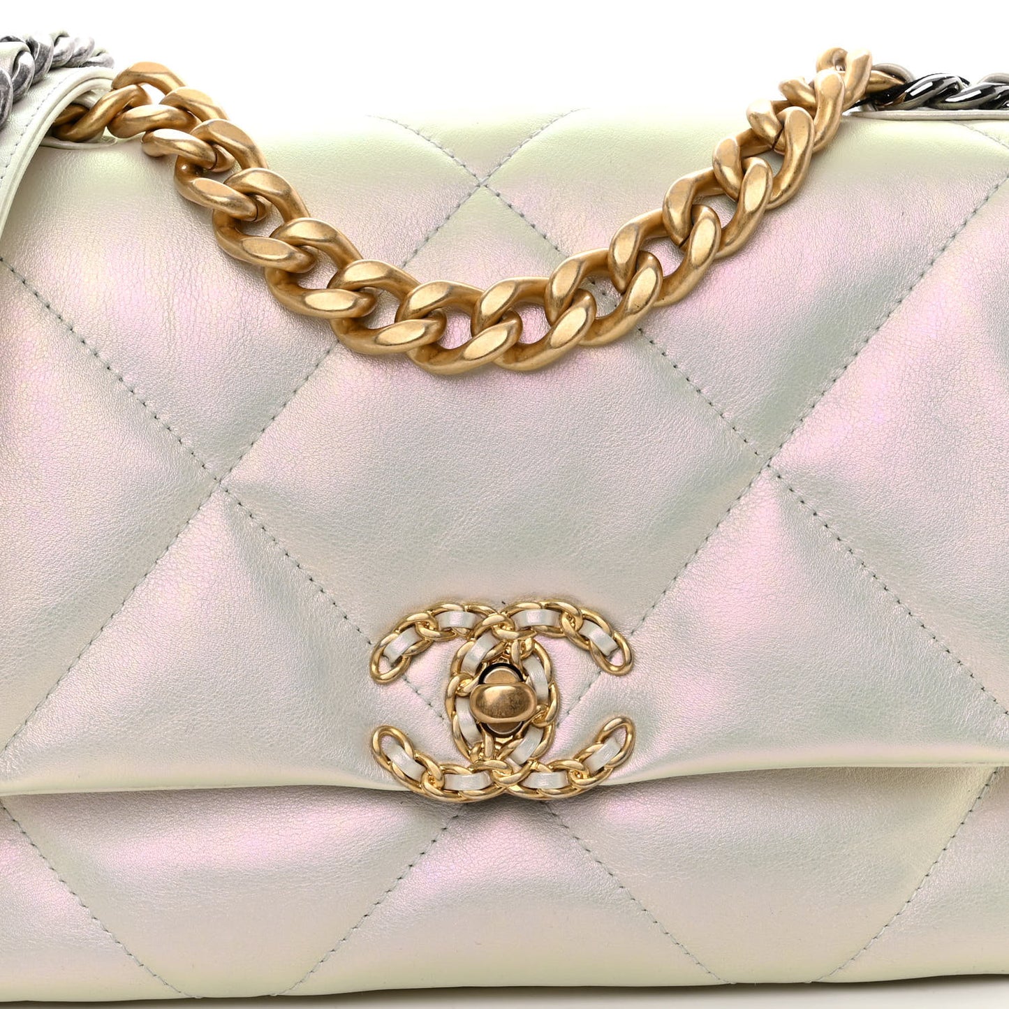 Iridescent Calfskin Quilted Medium Chanel 19 Flap White