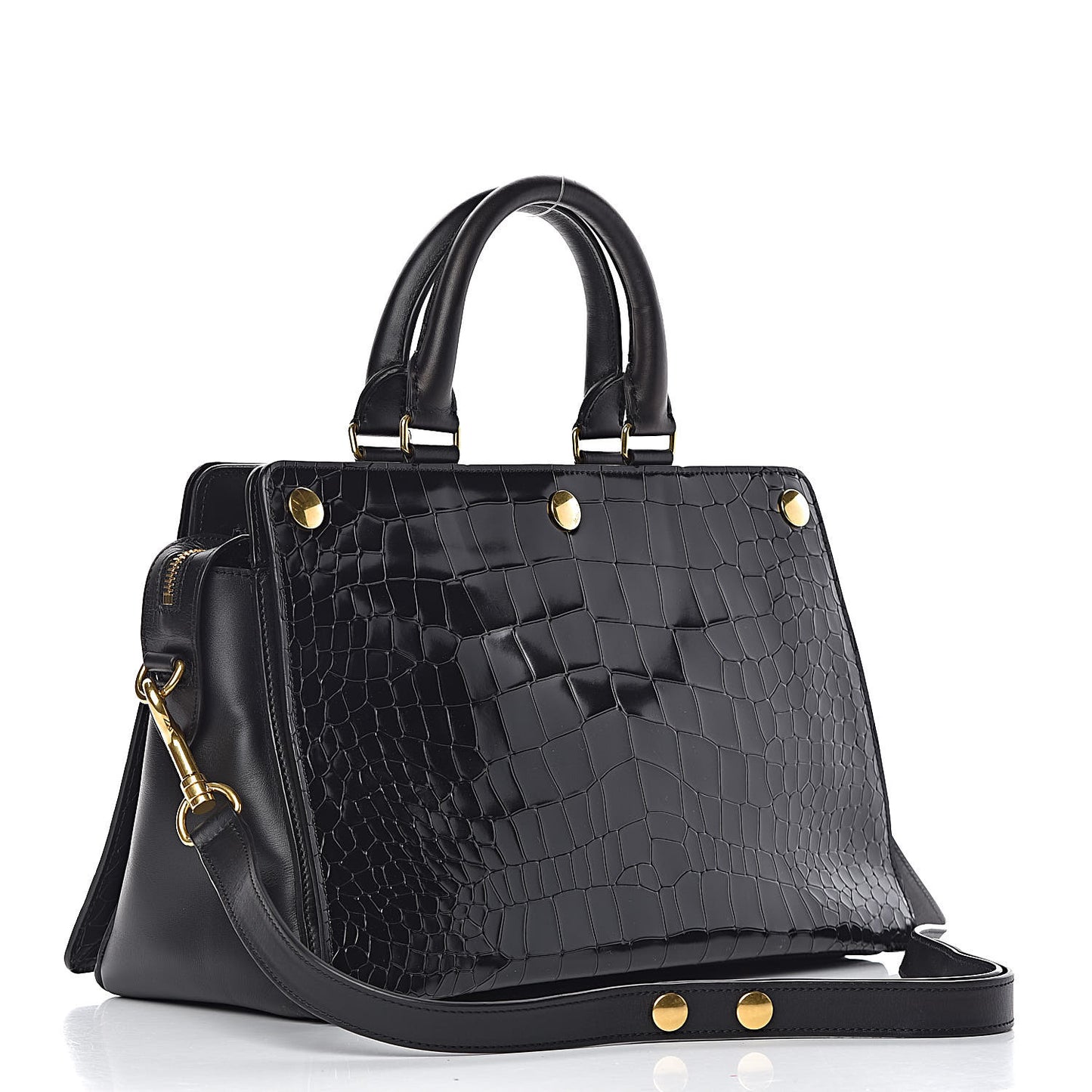 Calfskin Crocodile Embossed Small Classic Stud Tote Black