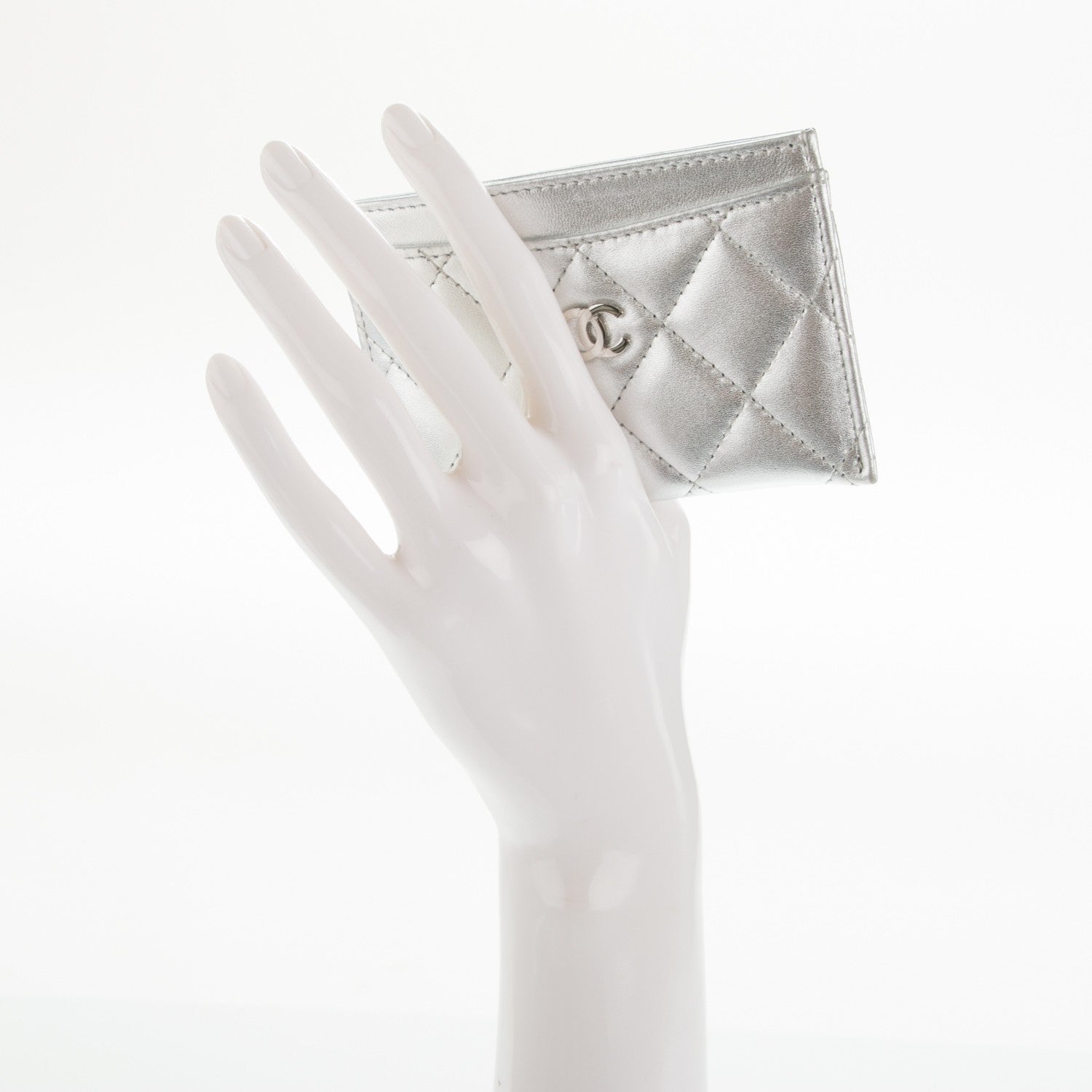 Chanel Metallic Lambskin Quilted CC Card Holder Silver 2 of 8