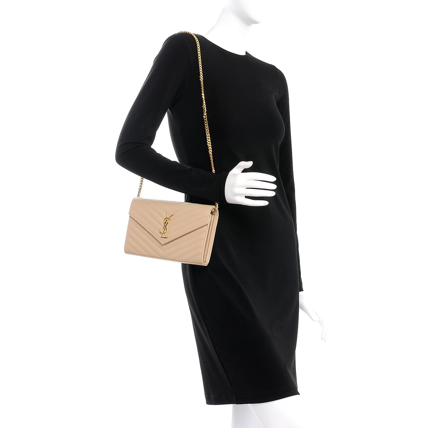 Saint Laurent Grain De Poudre Matelasse Chevron Monogram Chain Wallet Nude Powder 2 of 7