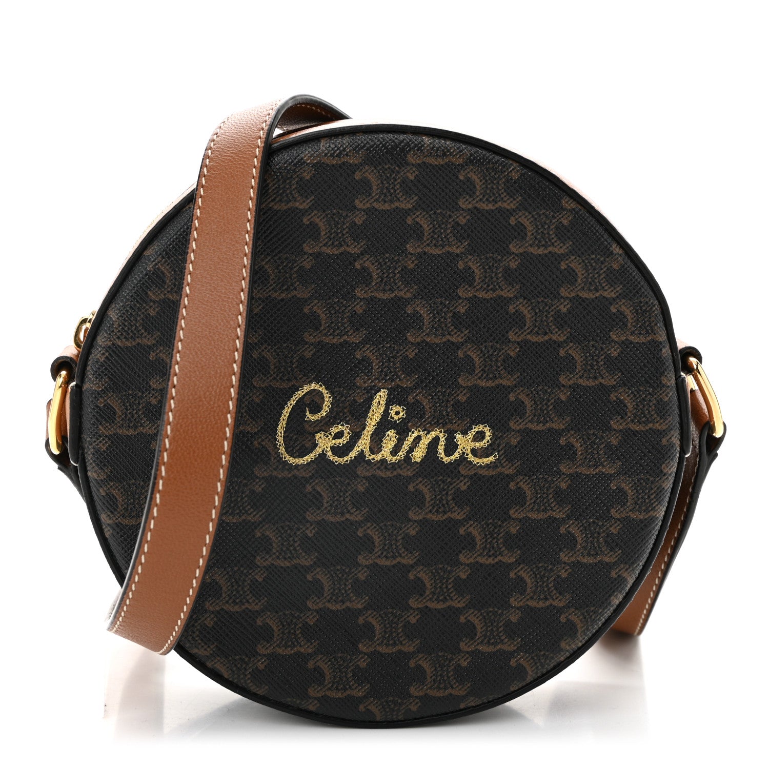 Celine Triomphe Canvas Embroidered Logo Round Purse On Strap Black Tan 1 of 10