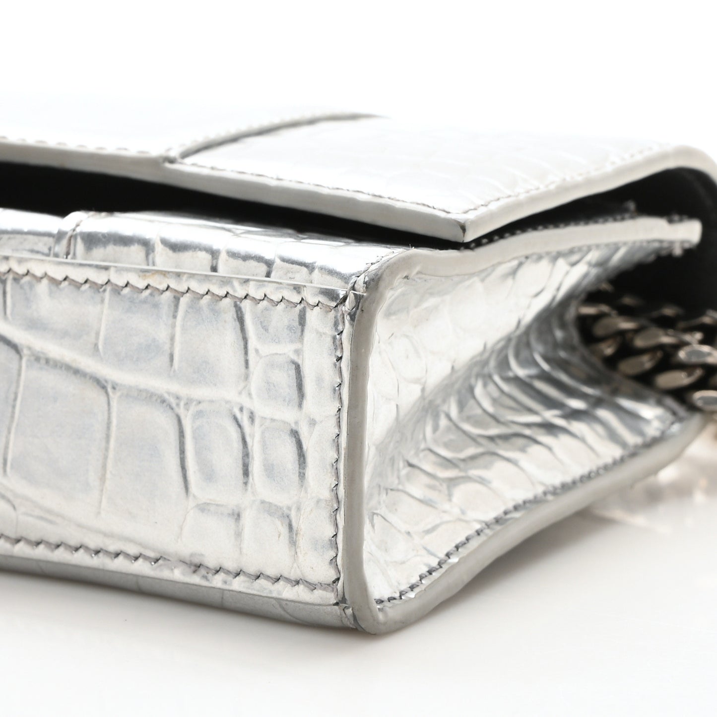 Metallic Calfskin Crocodile Embossed Hourglass Chain Bag  Silver