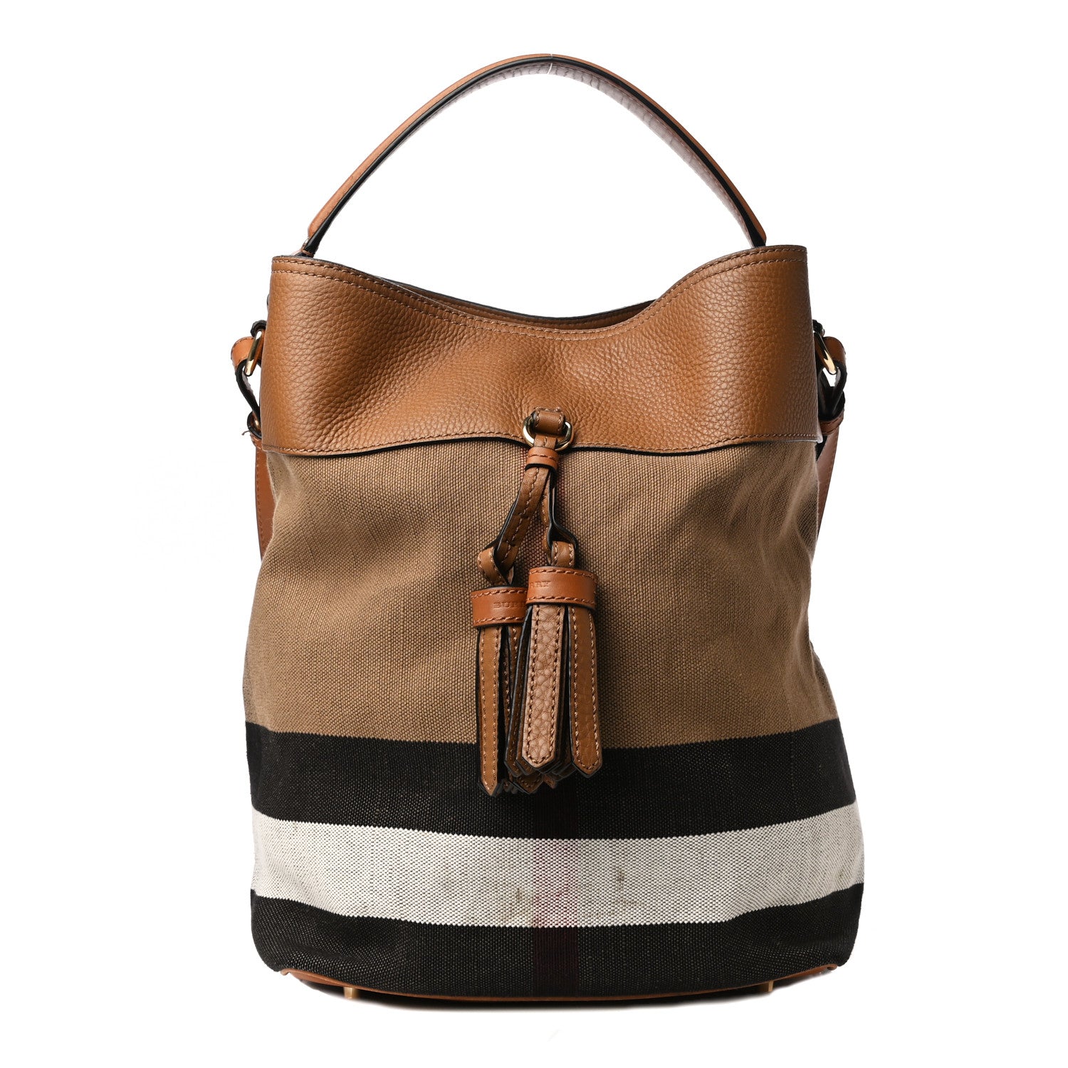Burberry Grainy Calfskin Canvas Mega Check Medium Ashby Tassel Hobo Saddle Brown 1 of 13
