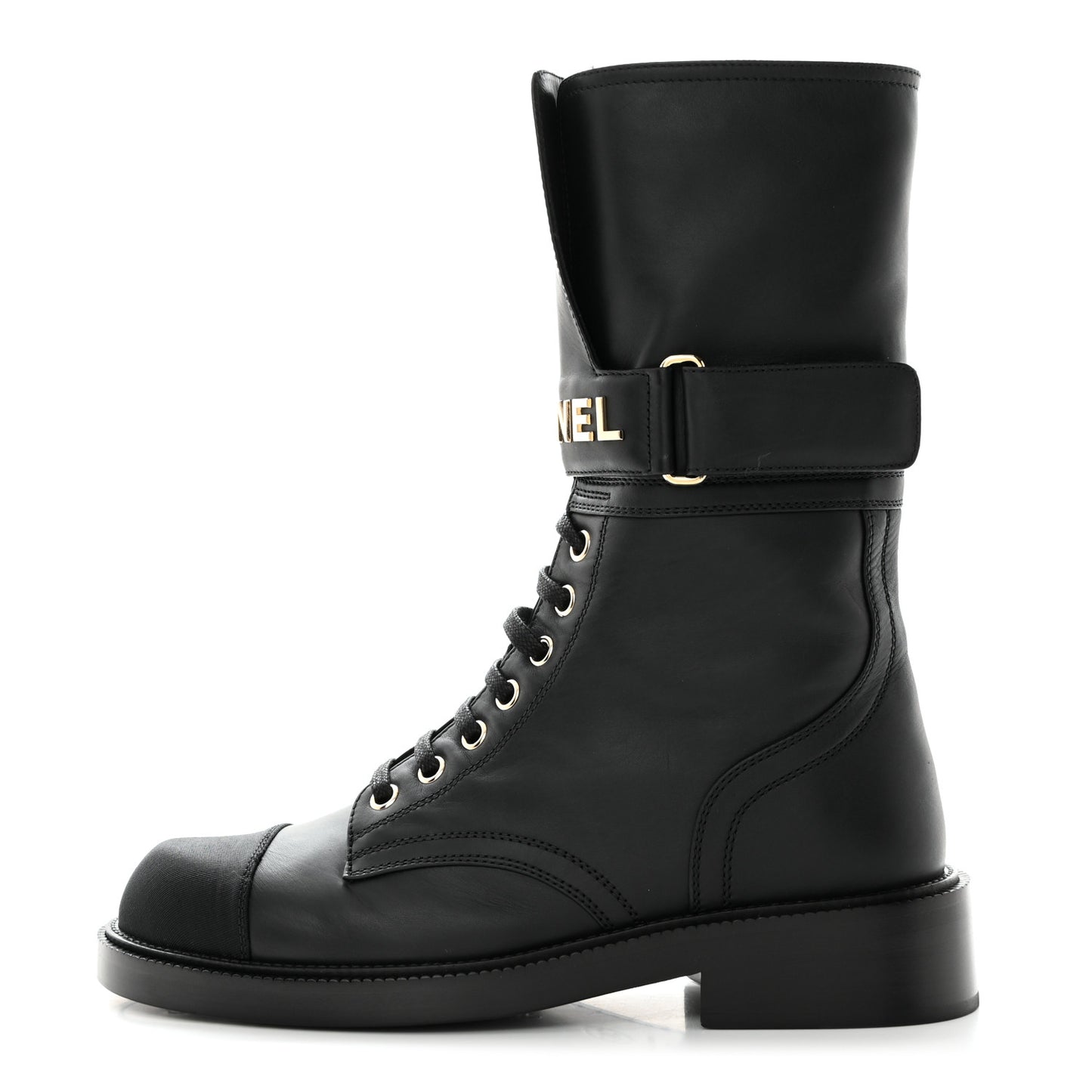 Shiny Calfskin Lace Up Combat Boots 37.5 Black