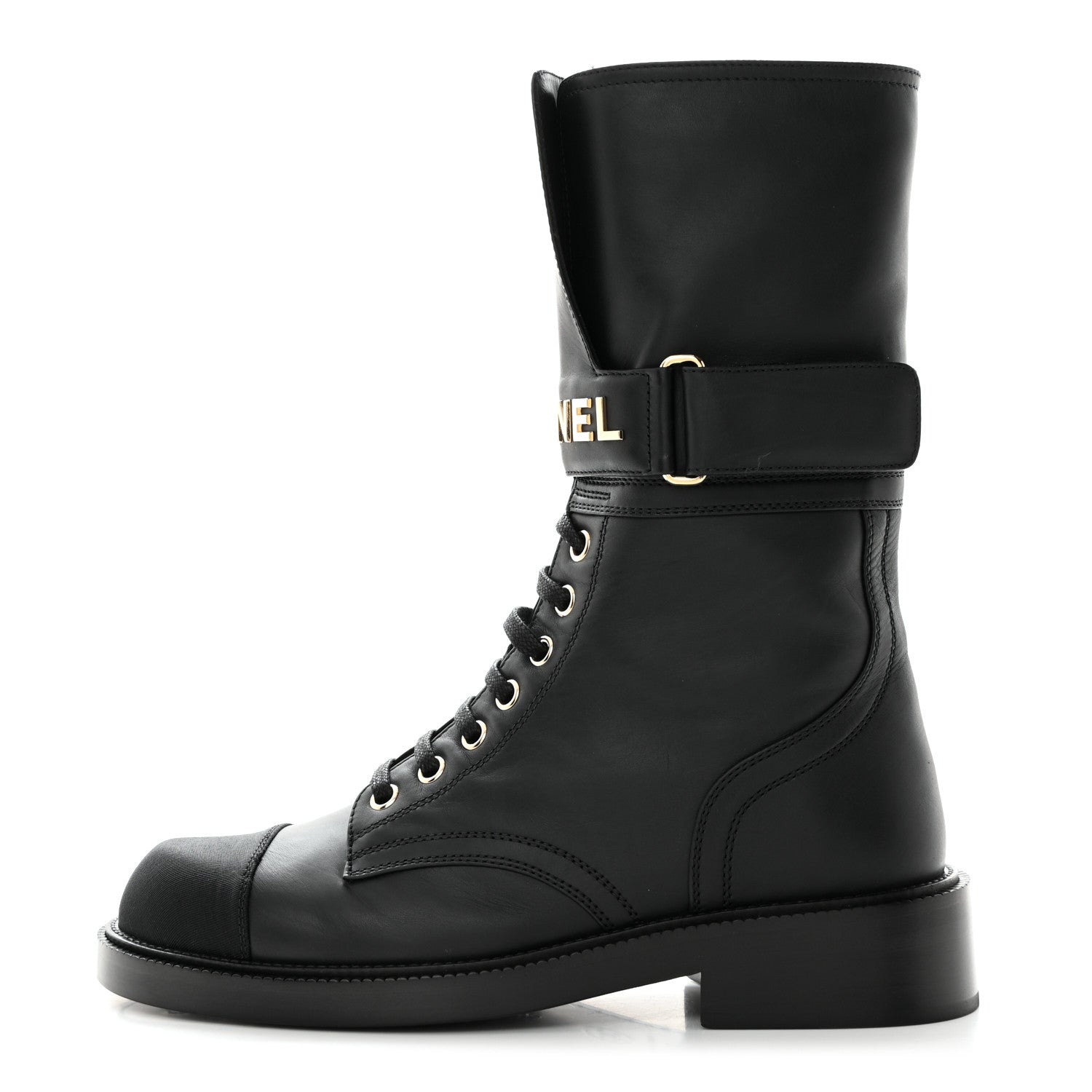 Chanel Shiny Calfskin Lace Up Combat Boots 37.5 Black 1 of 10