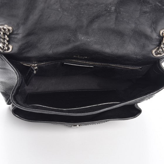 Crinkled Calfskin Matelasse Monogram Medium Niki Chain Satchel Black