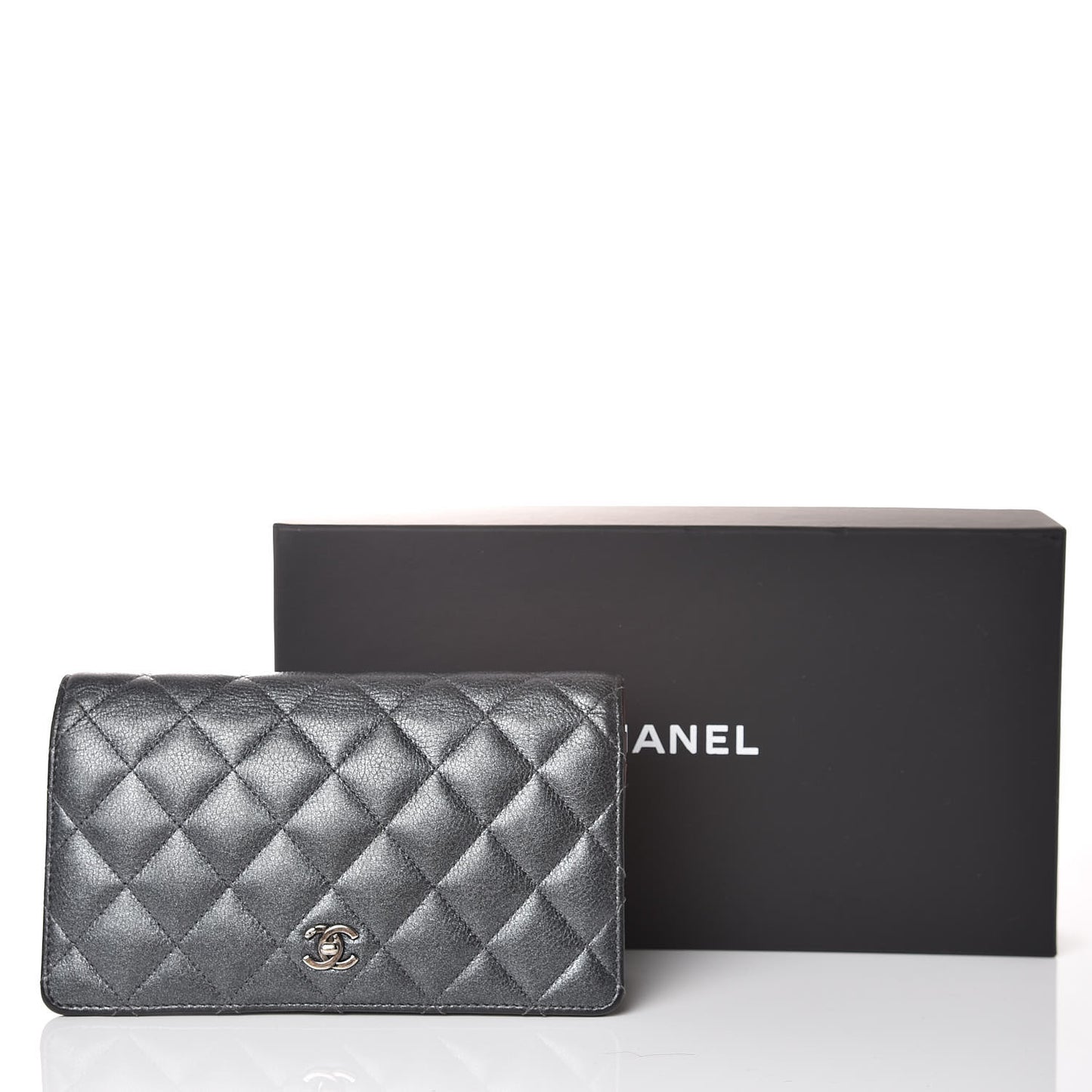 Metallic Calfskin Quilted Yen Wallet Dark Silver